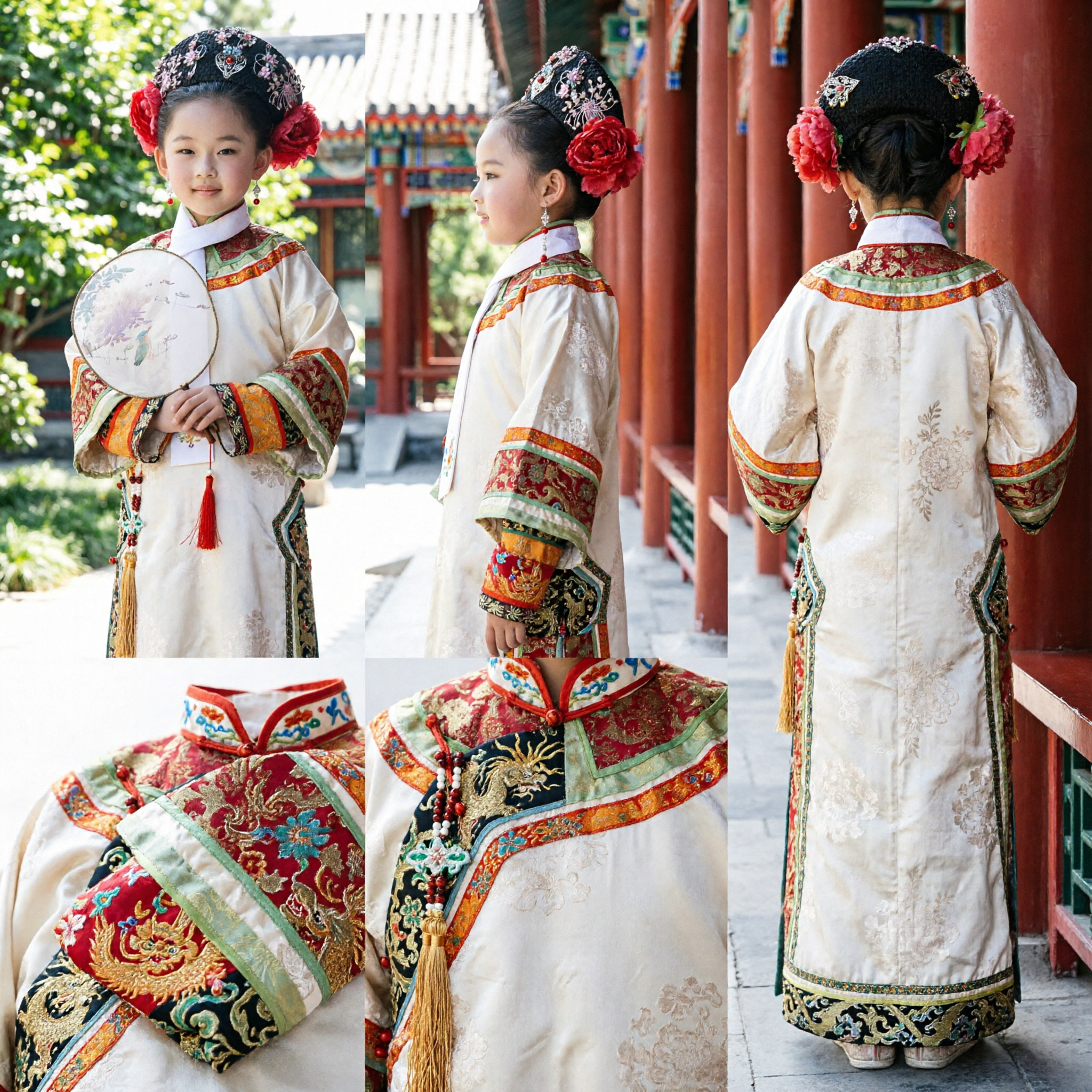 Costume traditionnel chinois de princesse Manchu de la dynastie Qing pour filles enfants Tenue de cosplay de drame de palais avec coiffe brodée - Asian Costume