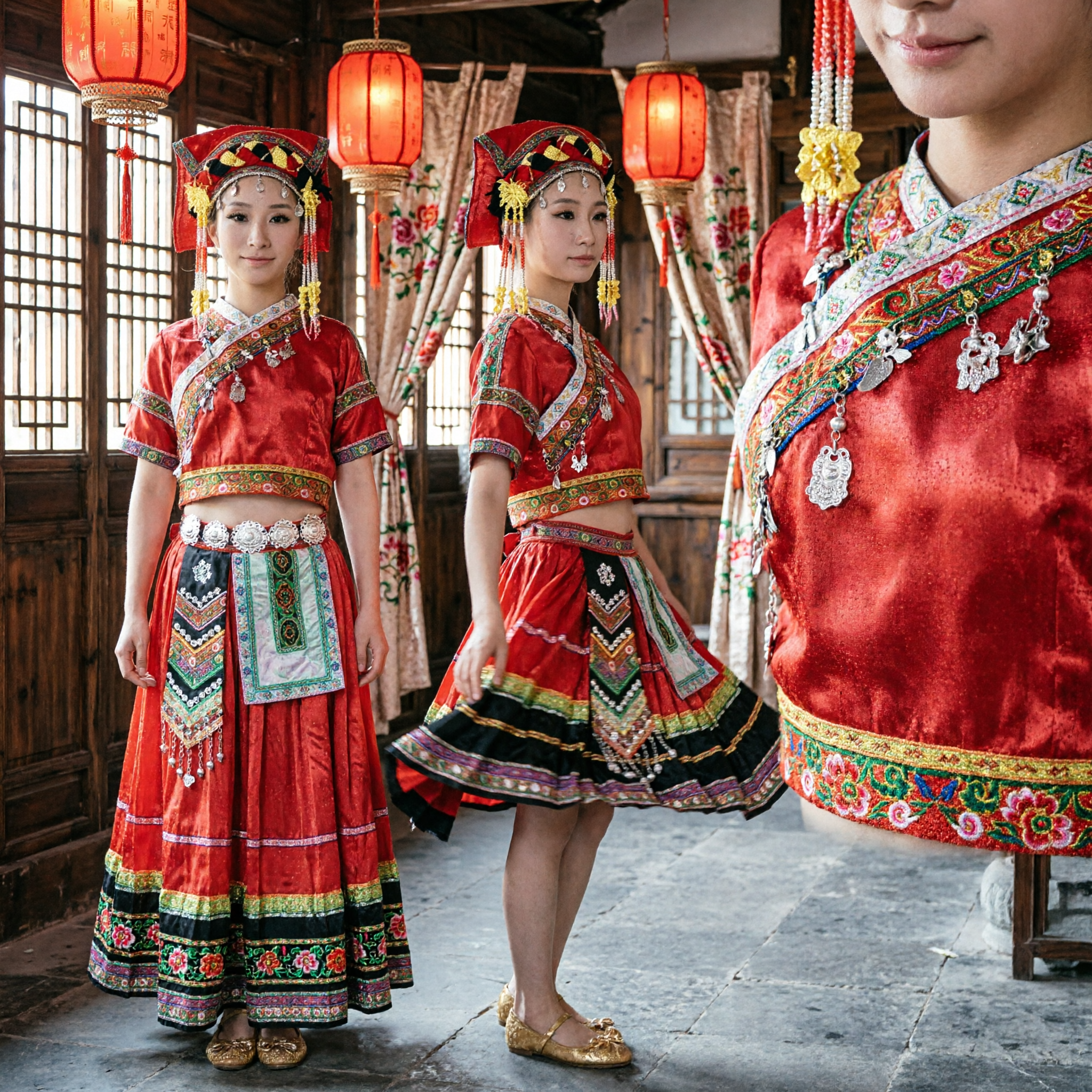 Tradycyjny chiński strój do tańca mniejszości etnicznych, czerwona suknia ludowa dla kobiet na występy sceniczne z nakryciem głowy - Asian Costume