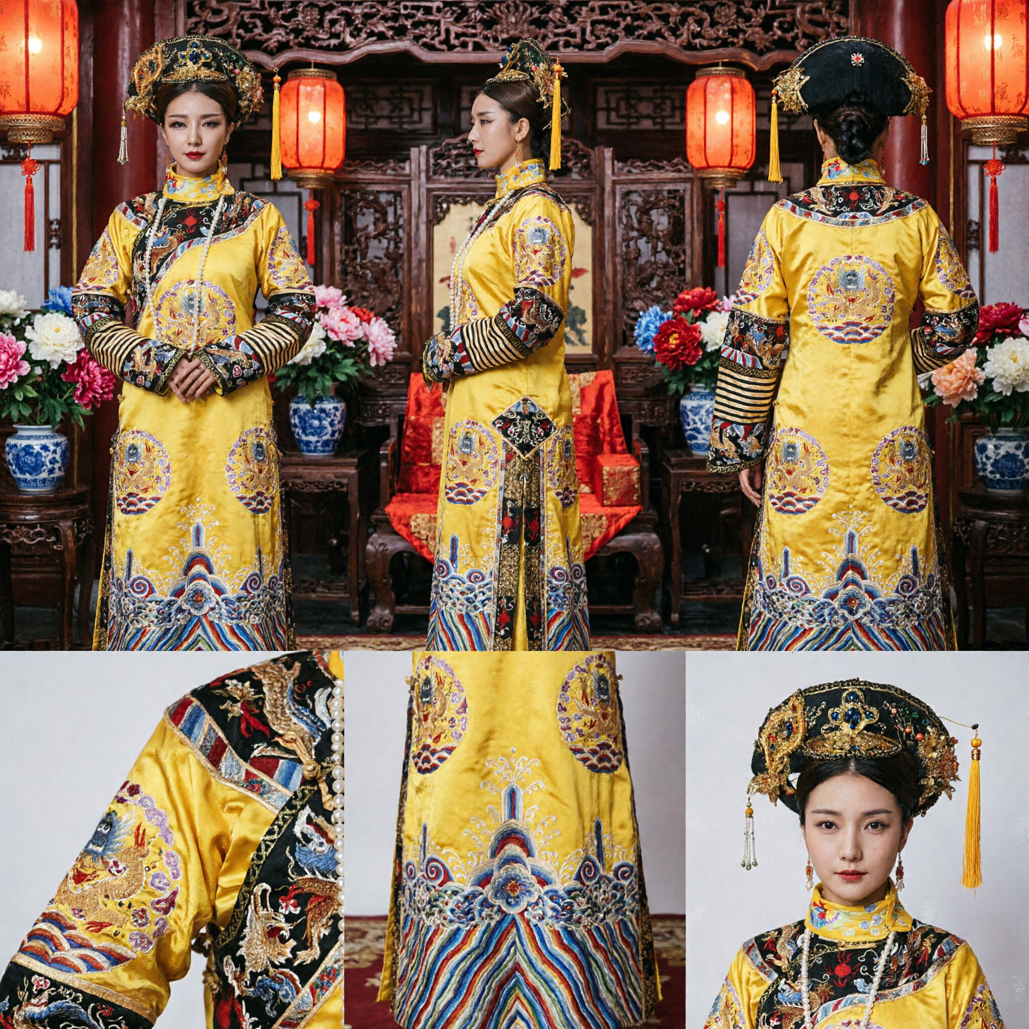 Chinese Traditional Qing Dynasty Empress Yellow Dragon Robe Costume Ancient Palace Cosplay Dress for Women - Asian Costume