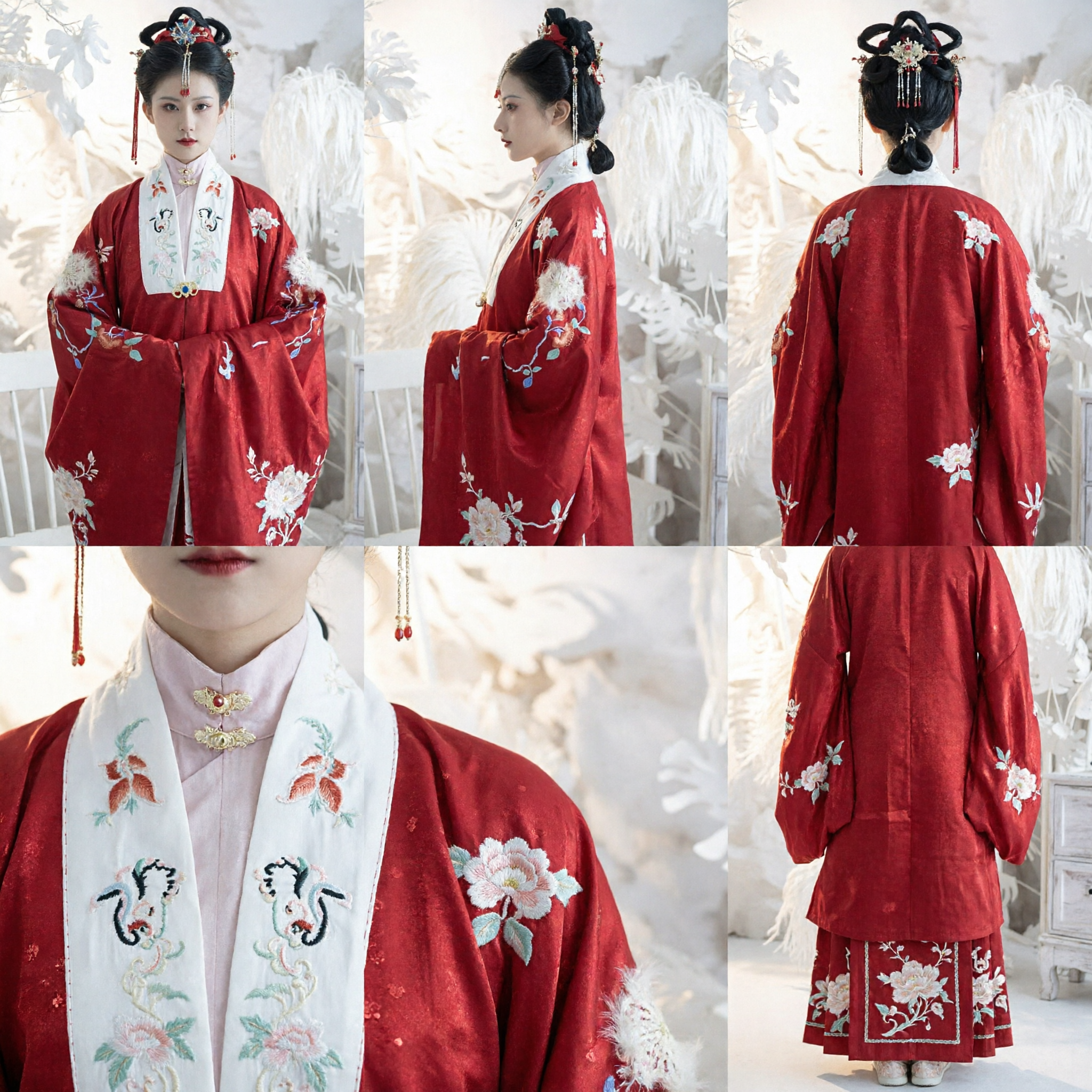 Elegant Red Ming Dynasty Hanfu Embroidered Cloud Collar Robe Traditional Chinese Wedding Costume for Women - Asian Costume