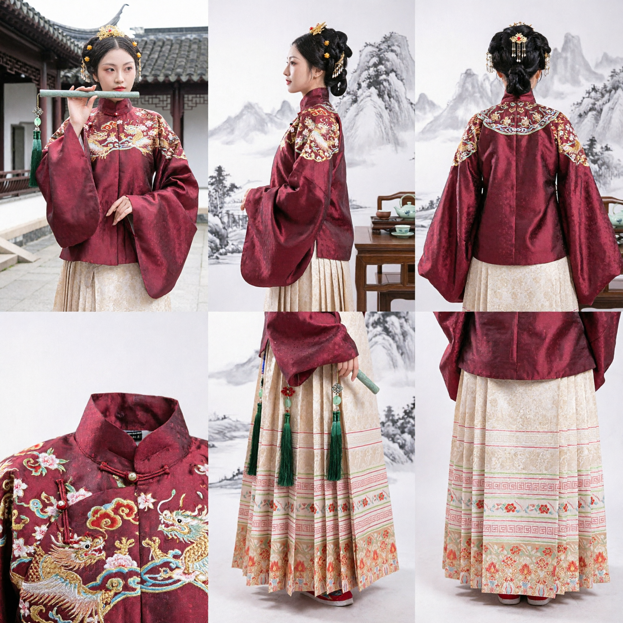 Ensemble traditionnel chinois Hanfu style dynastie Ming, veste rouge brodée et jupe plissée beige pour femmes - Spectacle culturel - Asian Costume