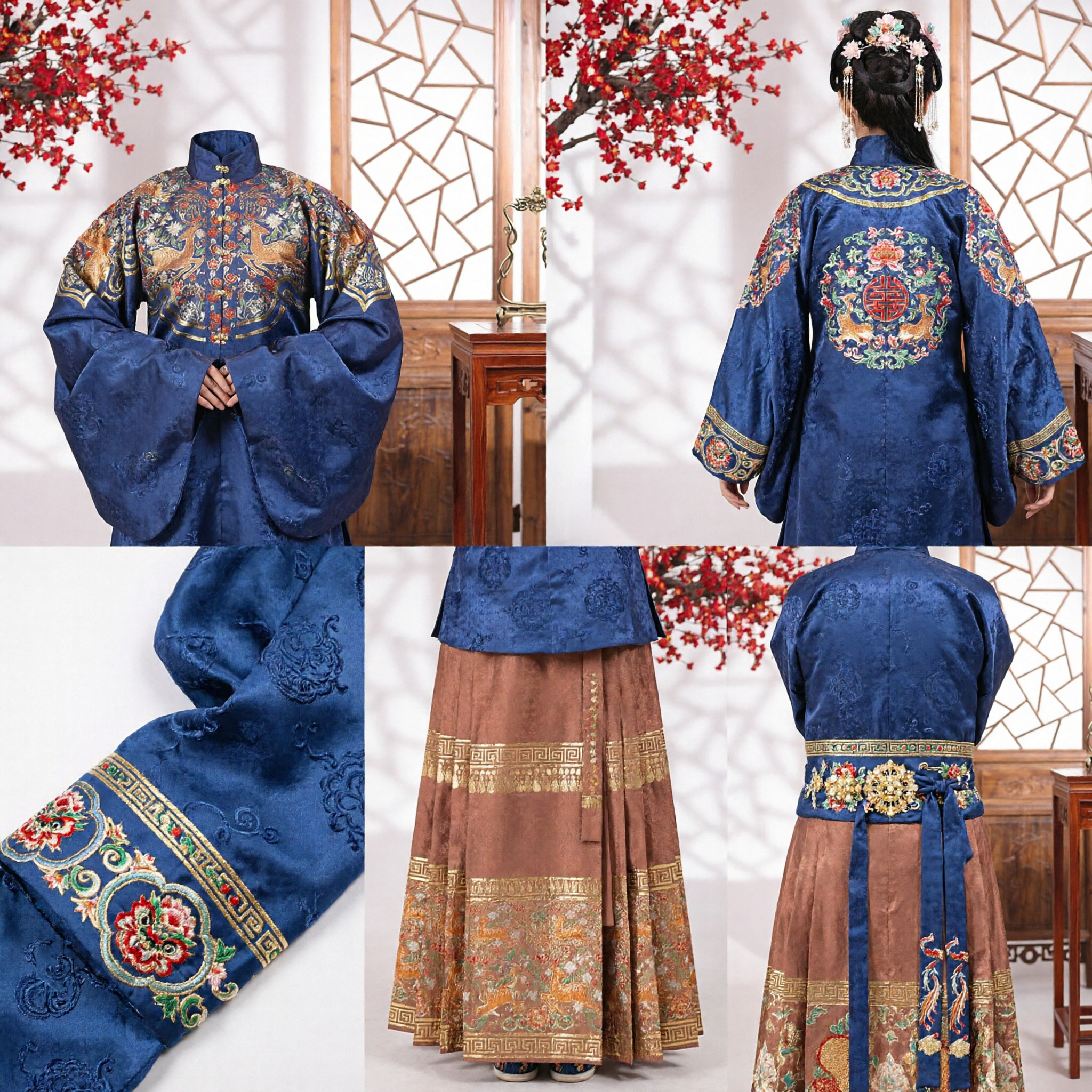 Hanfu Dinastia Ming Tradizionale per Donne Set con Giacca Blu Ricamata con Cervi e Gonna Marrone a Faccia di Cavallo Costume Storico - Asian Costume