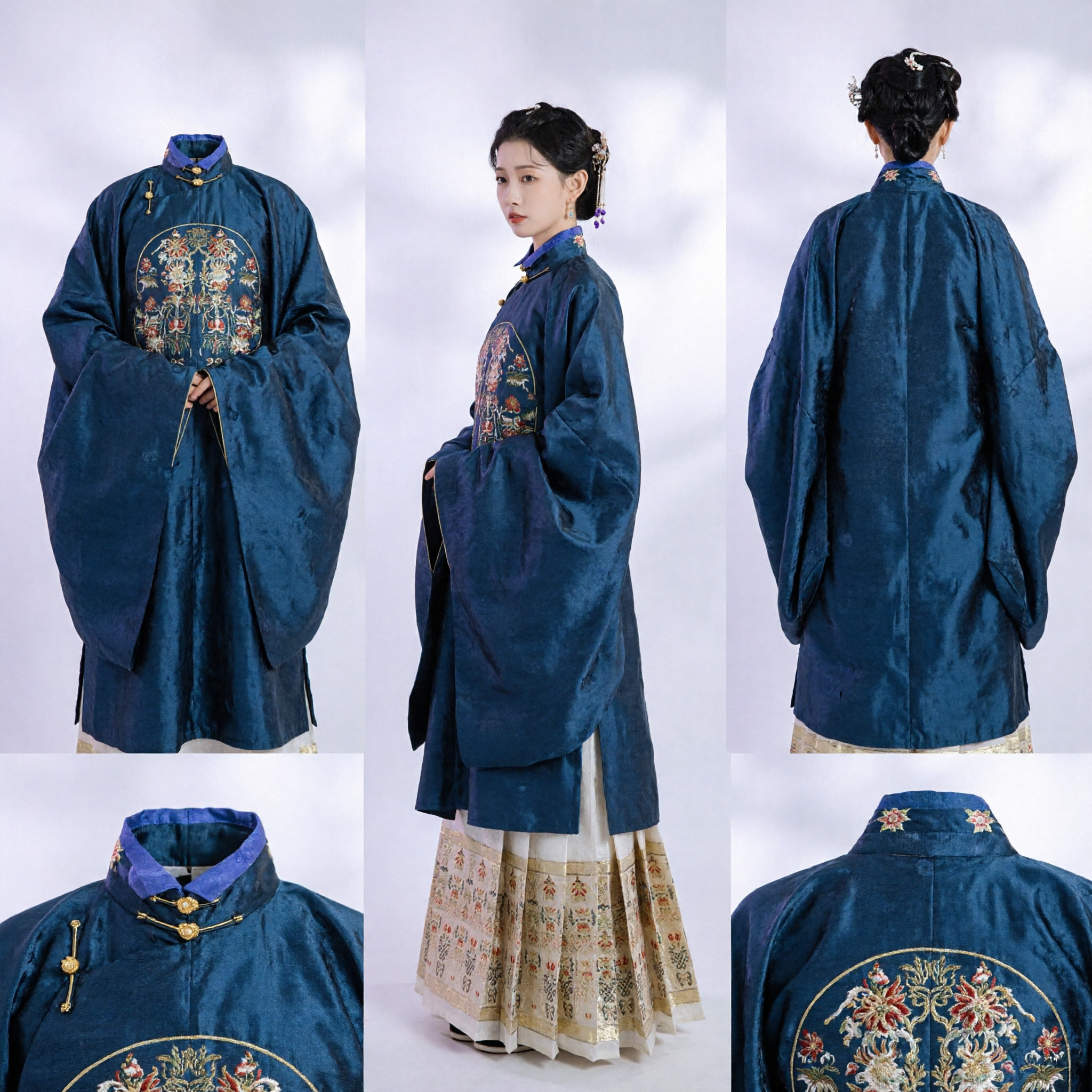 Traje Tradicional Chinês Hanfu da Dinastia Ming para Nobre Dama: Conjunto de Robe Azul Bordado e Saia Mamianqun - Asian Costume