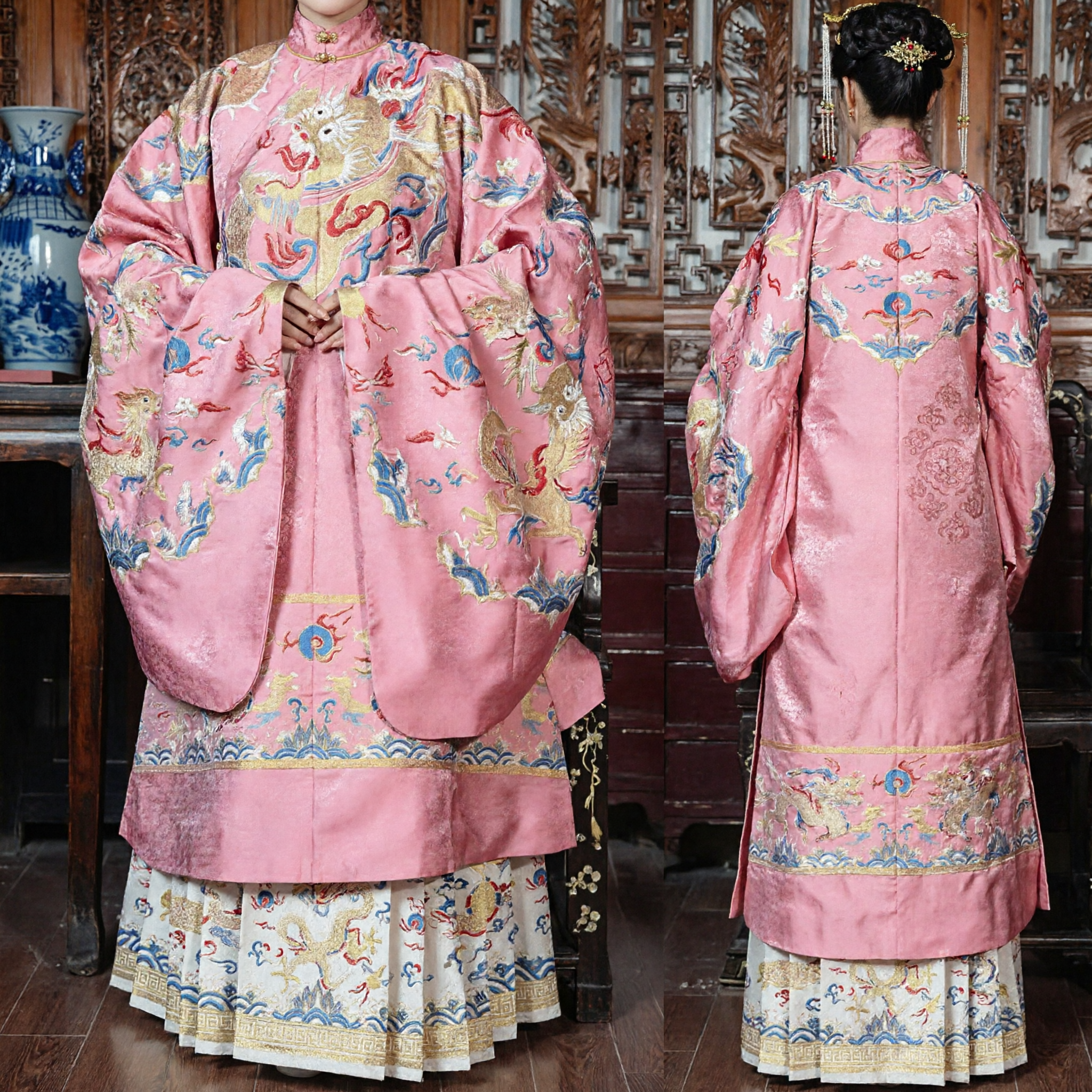 Elegant Pink Ming Dynasty Hanfu Traditional Chinese Clothing Women Ancient Palace Princess Embroidered Dragon Robe Costume - Asian Costume