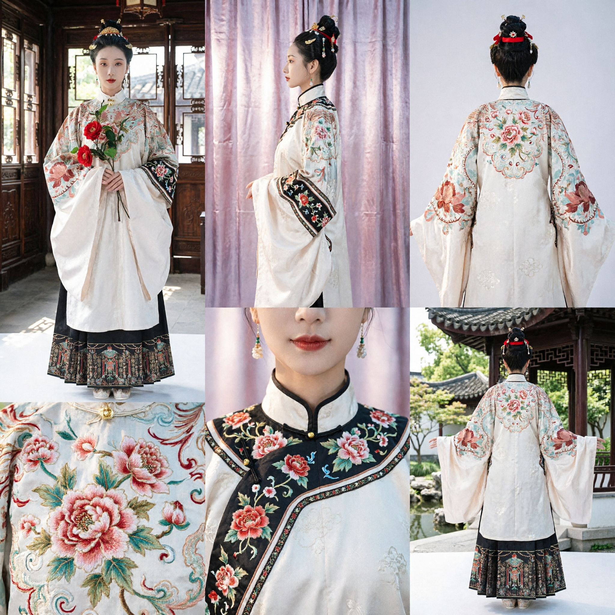 Completo Hanfu tradizionale cinese della dinastia Ming per donne: top con collo alto ricamato e gonna nera plissettata a viso di cavallo - Asian Costume