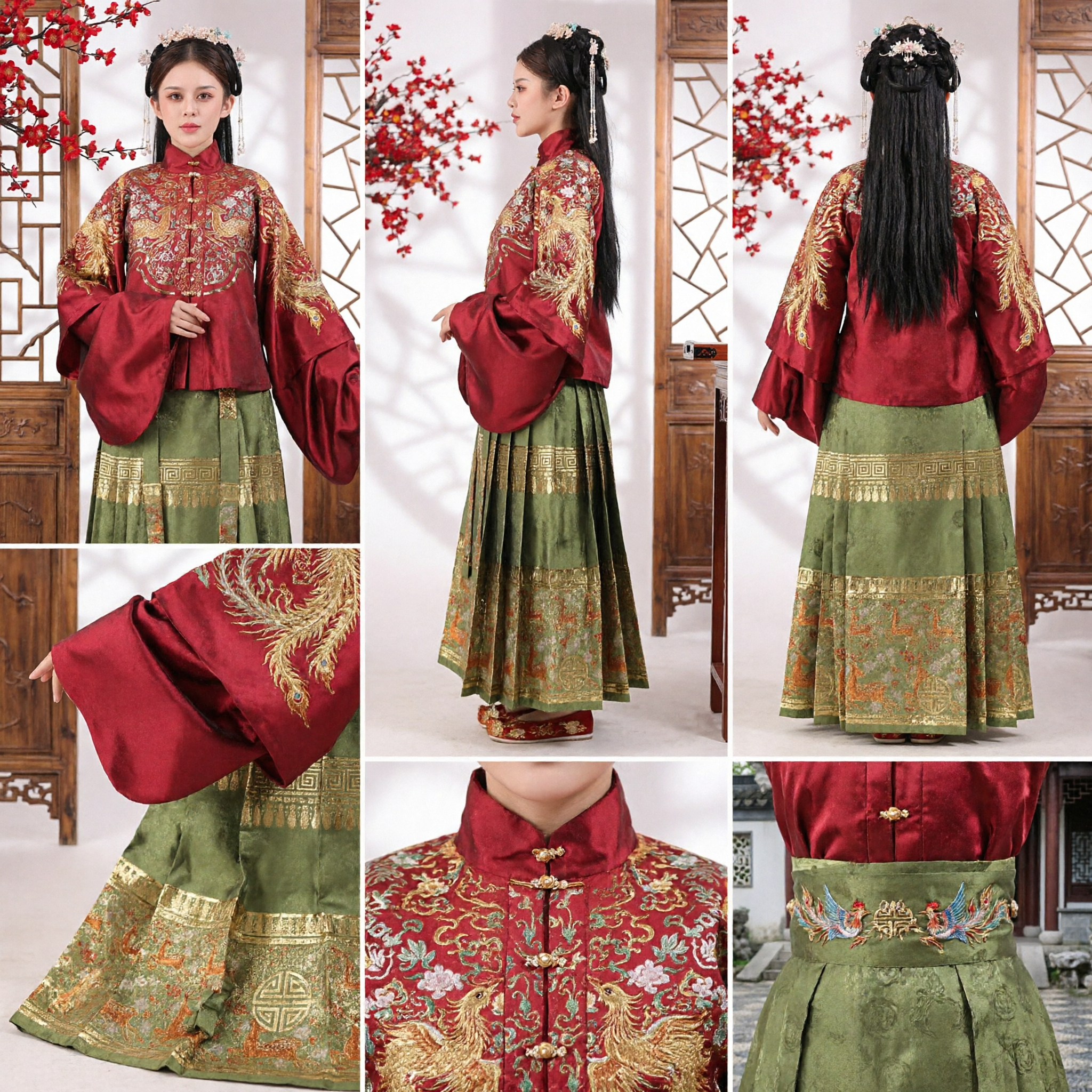 Traditionele Chinese Ming-dynastie Hanfu Set Vrouwen Rood Geborduurd Jasje Groene Geplooide Rok Oud Trouw Kostuum - Asian Costume