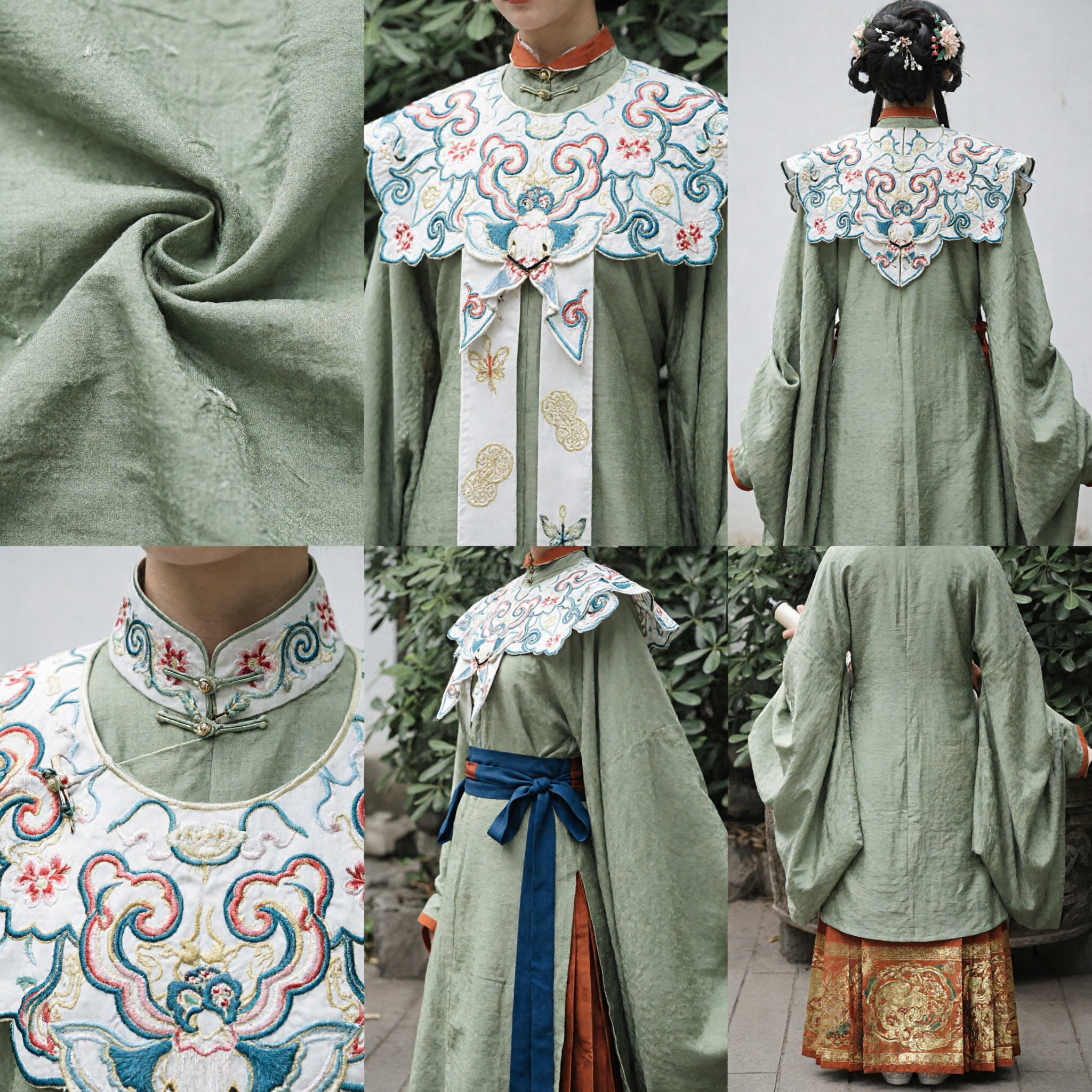 Traje Hanfu da Dinastia Ming para Mulheres: Conjunto de Robe Verde Bordado e Saia de Brocado Dourado - Asian Costume