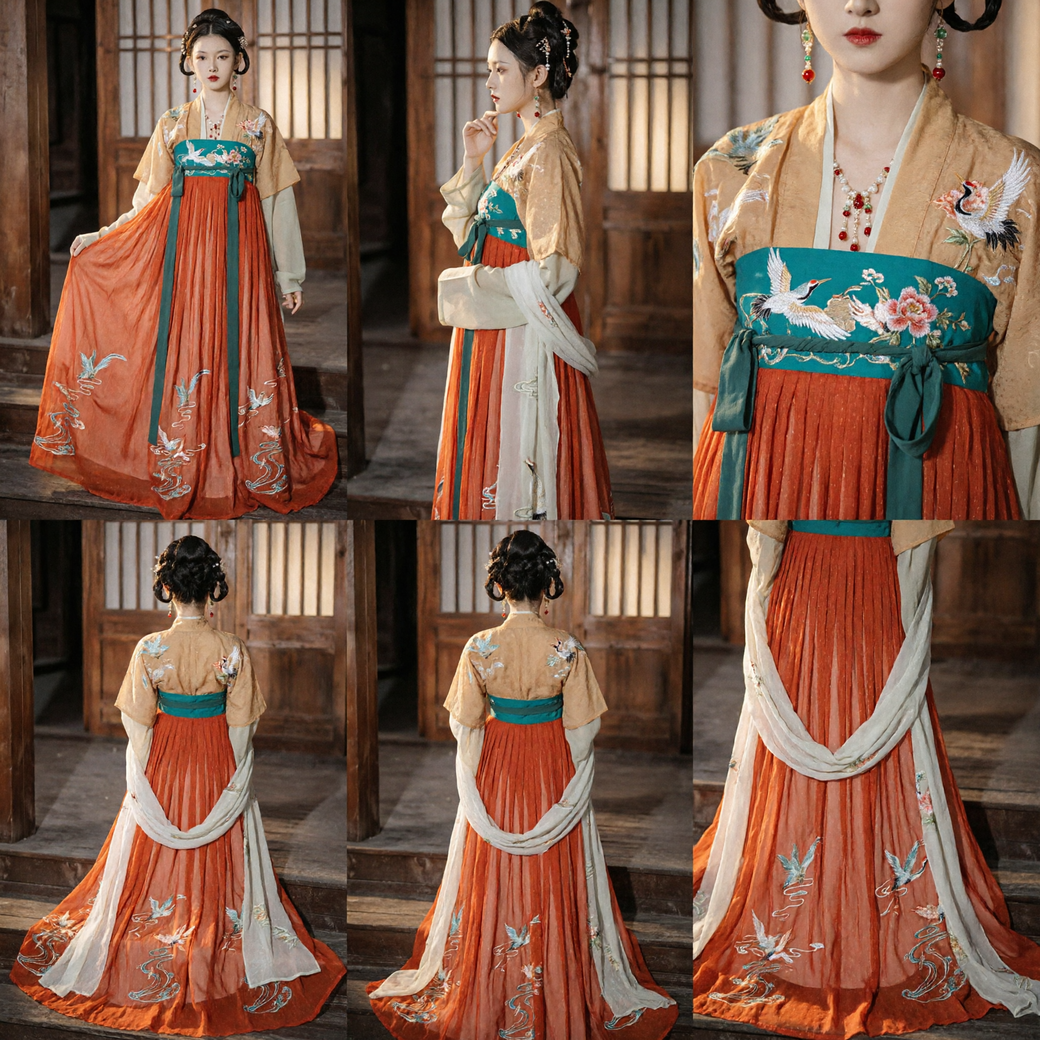 Starożytny chiński strój księżniczki Hanfu z dynastii Tang: Pomarańczowa haftowana suknia z żurawiem i wysokim stanem dla kobiet - Asian Costume