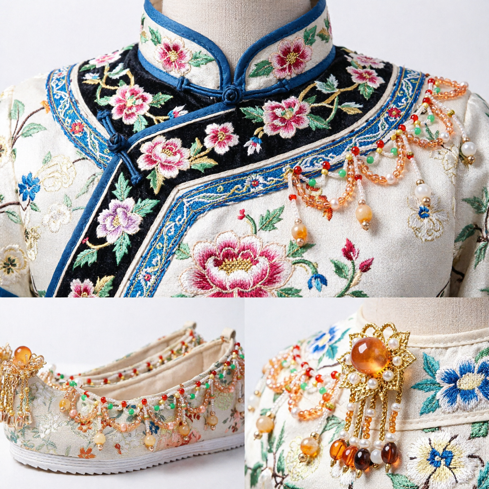 Tradycyjne chińskie buty Hanfu dla kobiet: Haftowane kwiatowe, koralikowe buty z frędzlami do stroju ślubnego Xiuhe, obuwie w starożytnym stylu - Asian Costume