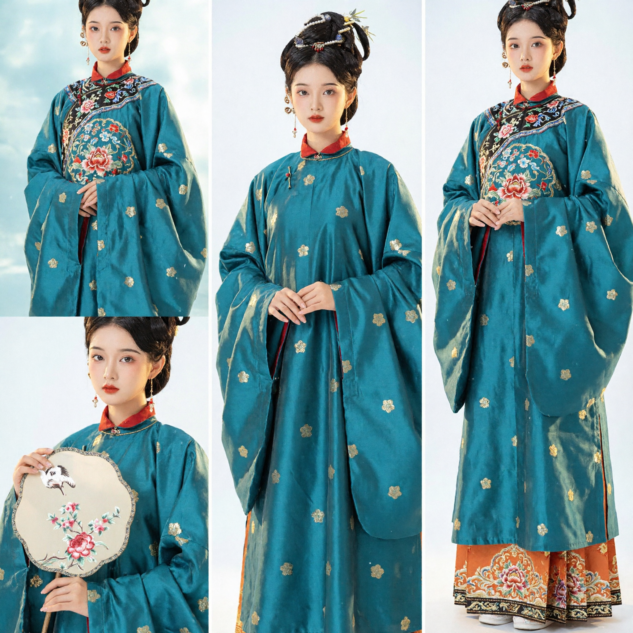Traje Hanfu Chinês Antigo da Dinastia Ming Conjunto de Robe Longo Bordado Azul-petróleo e Saia Laranja para Mulheres - Asian Costume