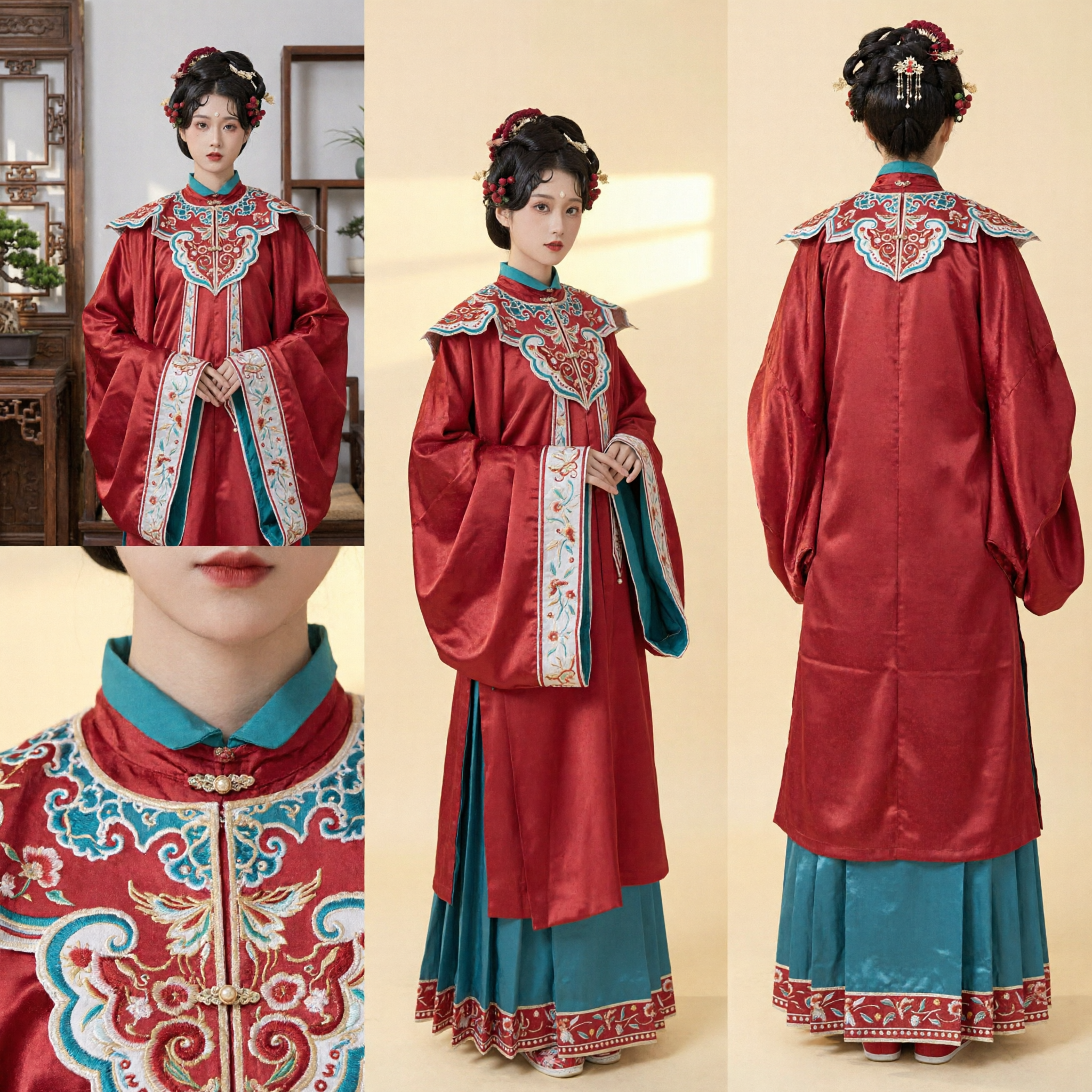 Vestido de Novia Hanfu Tradicional Chino de la Dinastía Ming: Traje Rojo Bordado para Ceremonias Antiguas para Mujer - Asian Costume