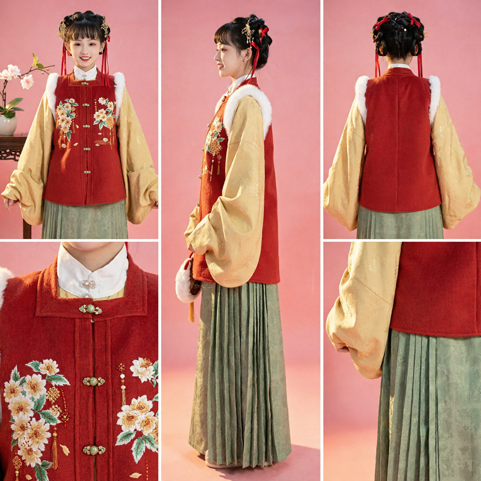 Conjunto Tradicional Chinês Hanfu para Meninas da Dinastia Ming Colete Vermelho Bordado com Gola de Pele para Crianças Festival da Primavera - Asian Costume