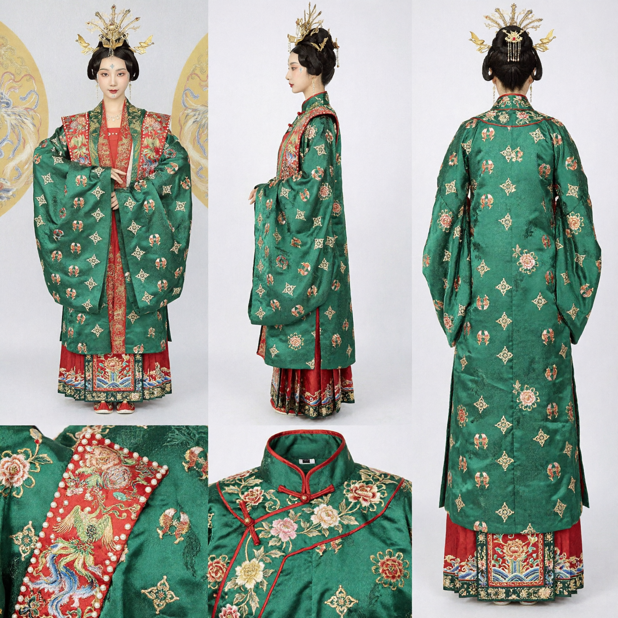 Traje Hanfu de la Antigua Emperatriz China: Bata Verde del Fénix, Vestido de Palacio Tradicional de la Dinastía Ming para Mujer - Asian Costume