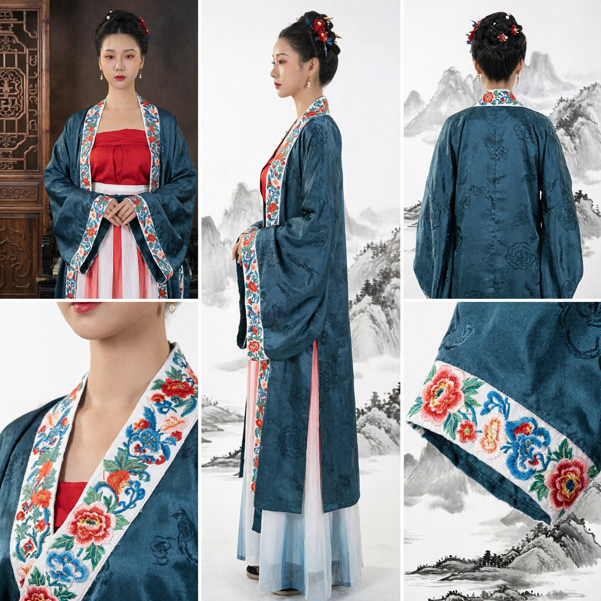 Elegantes blaues Hanfu-Kostüm der Tang-Dynastie für Frauen, antikes chinesisches besticktes Gewand- und Rock-Set für historisches Cosplay - Asian Costume