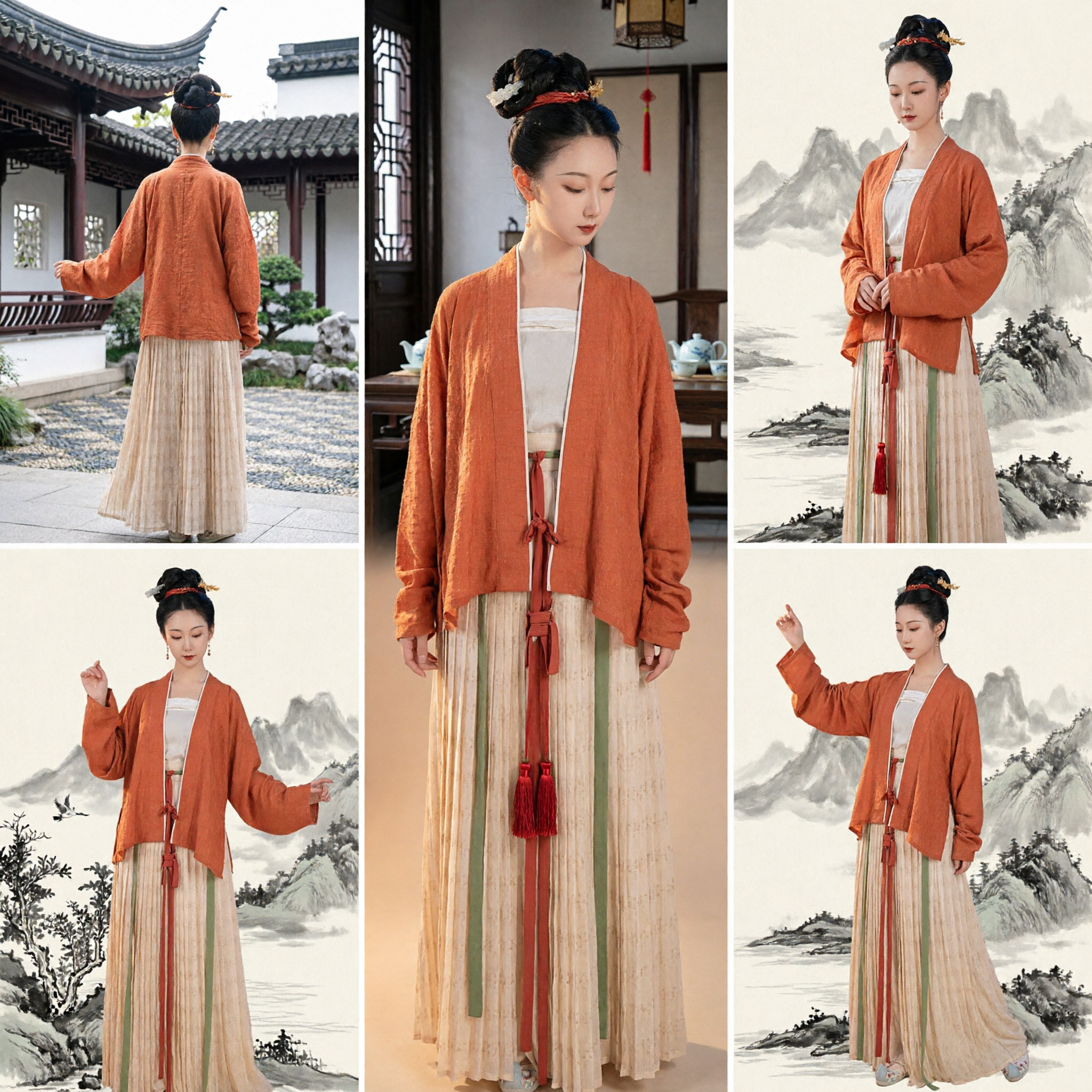 Hanfu Elegante Feminino Vestuário Tradicional Chinês Conjunto de Robe Externo Laranja-ferrugem e Saia Pregueada para Festivais - Asian Costume