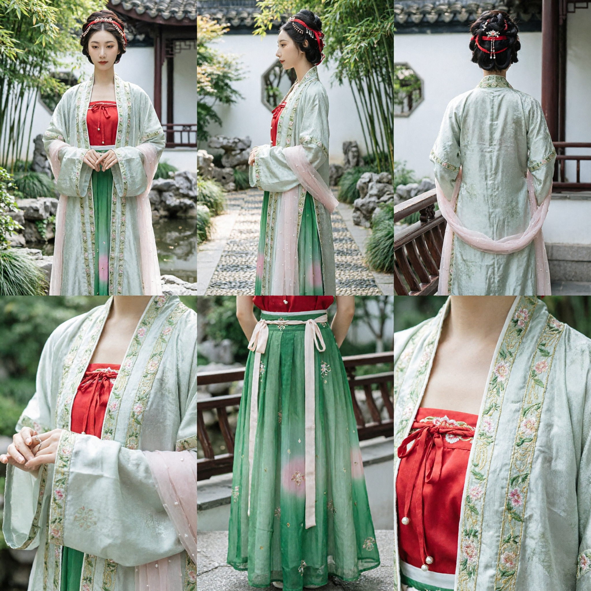 Traje Tradicional Chinês Hanfu para Mulheres Conjunto Antigo de Robe Verde Bordado e Vestido Vermelho para Fotografia - Asian Costume
