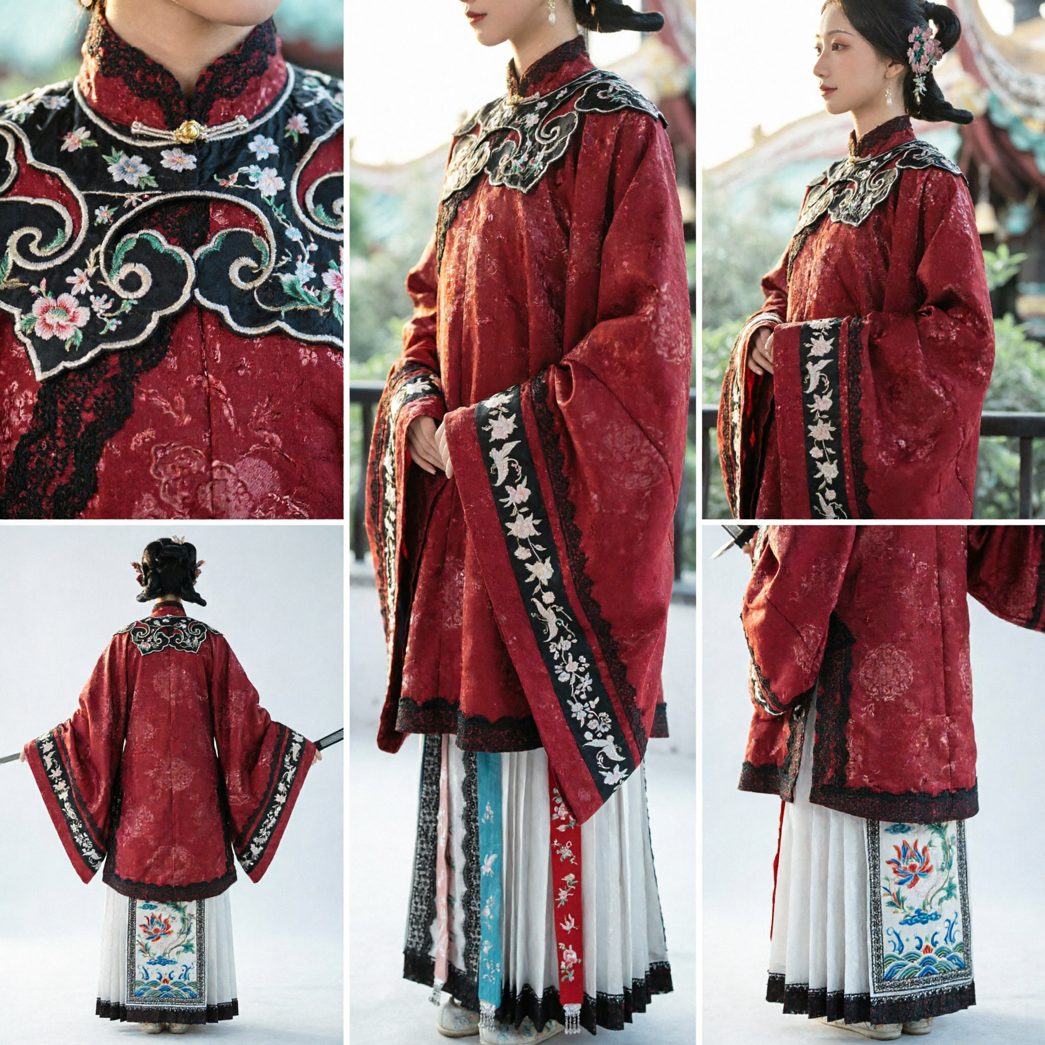 中国伝統 明時代 漢服 赤刺繍ローブとスカートセット 女性用 古代衣装 - Asian Costume
