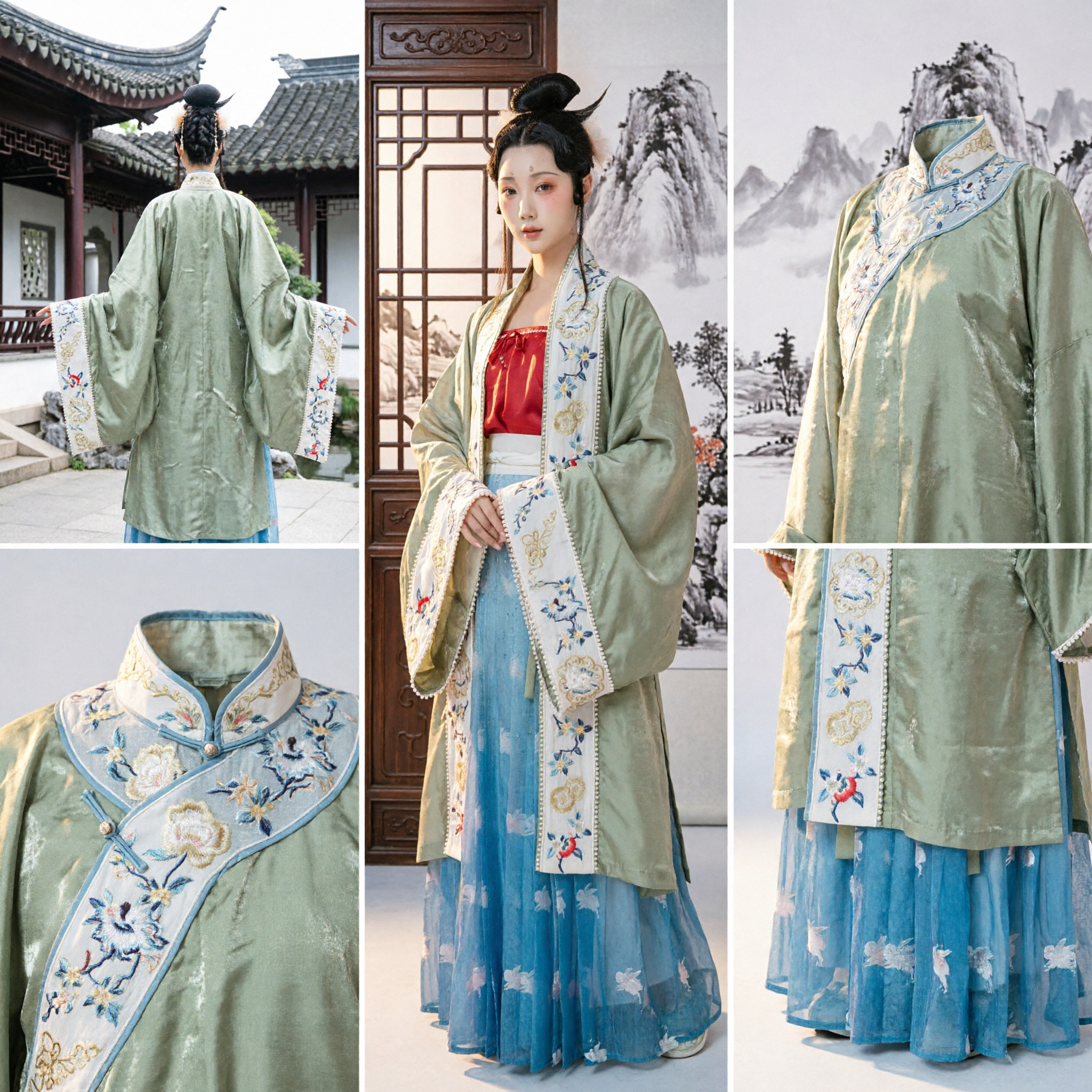 Set Hanfu Tradizionale Cinese in Stile Dinastia Song Veste Beizi Verde Ricamata e Gonna Blu per Donne - Asian Costume