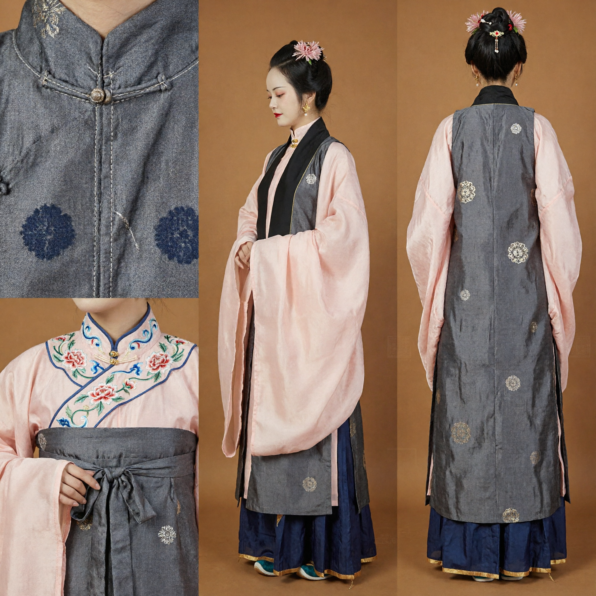 Costume Hanfu Antico Cinese della Dinastia Ming Tradizionale Veste Rosa a Maniche Ampie con Gilet Grigio Ricamato per Donne - Asian Costume