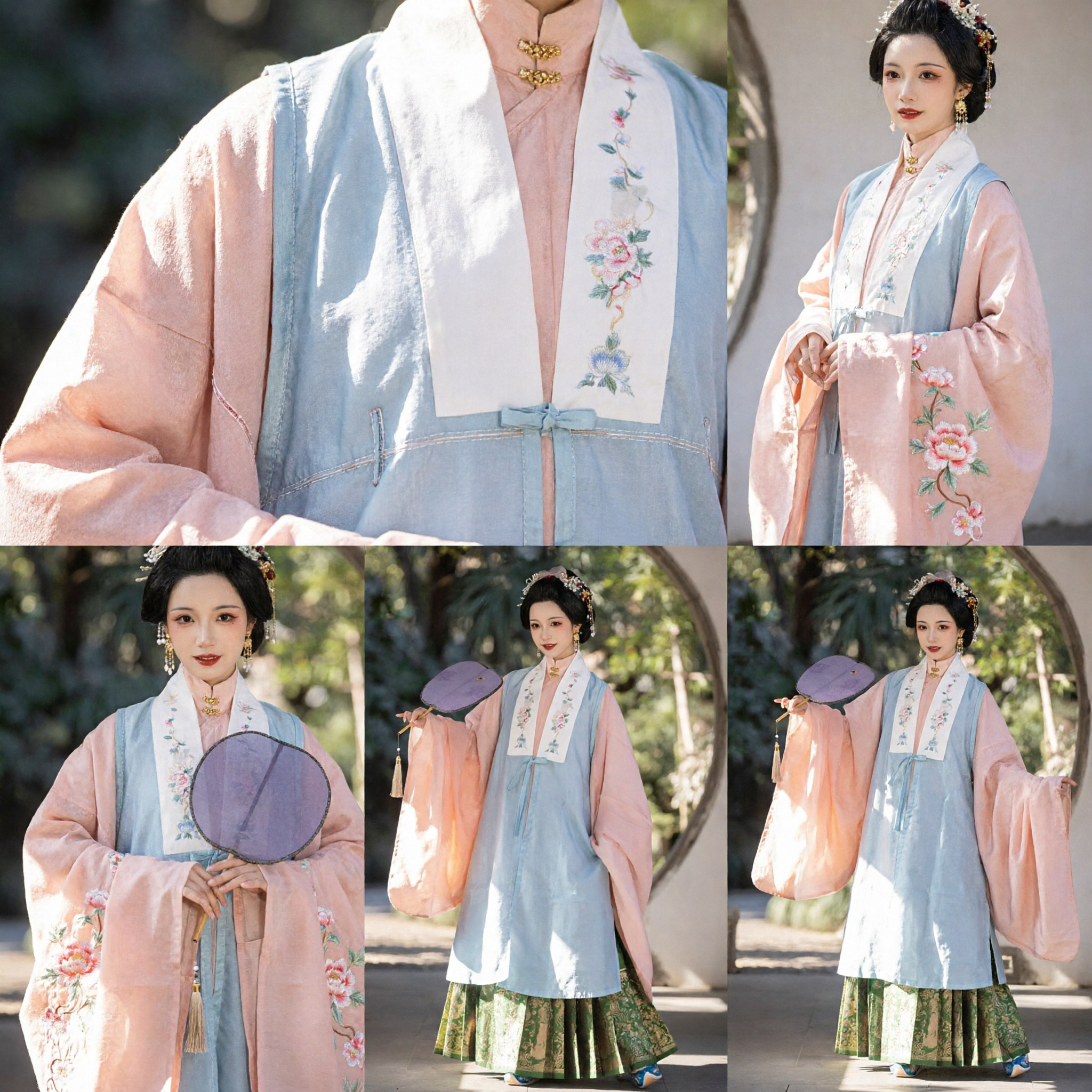 Costume Hanfu Tradizionale Cinese per Donne Set in Stile Dinastia Ming con Gilet Blu e Gonna Pieghettata Verde - Asian Costume