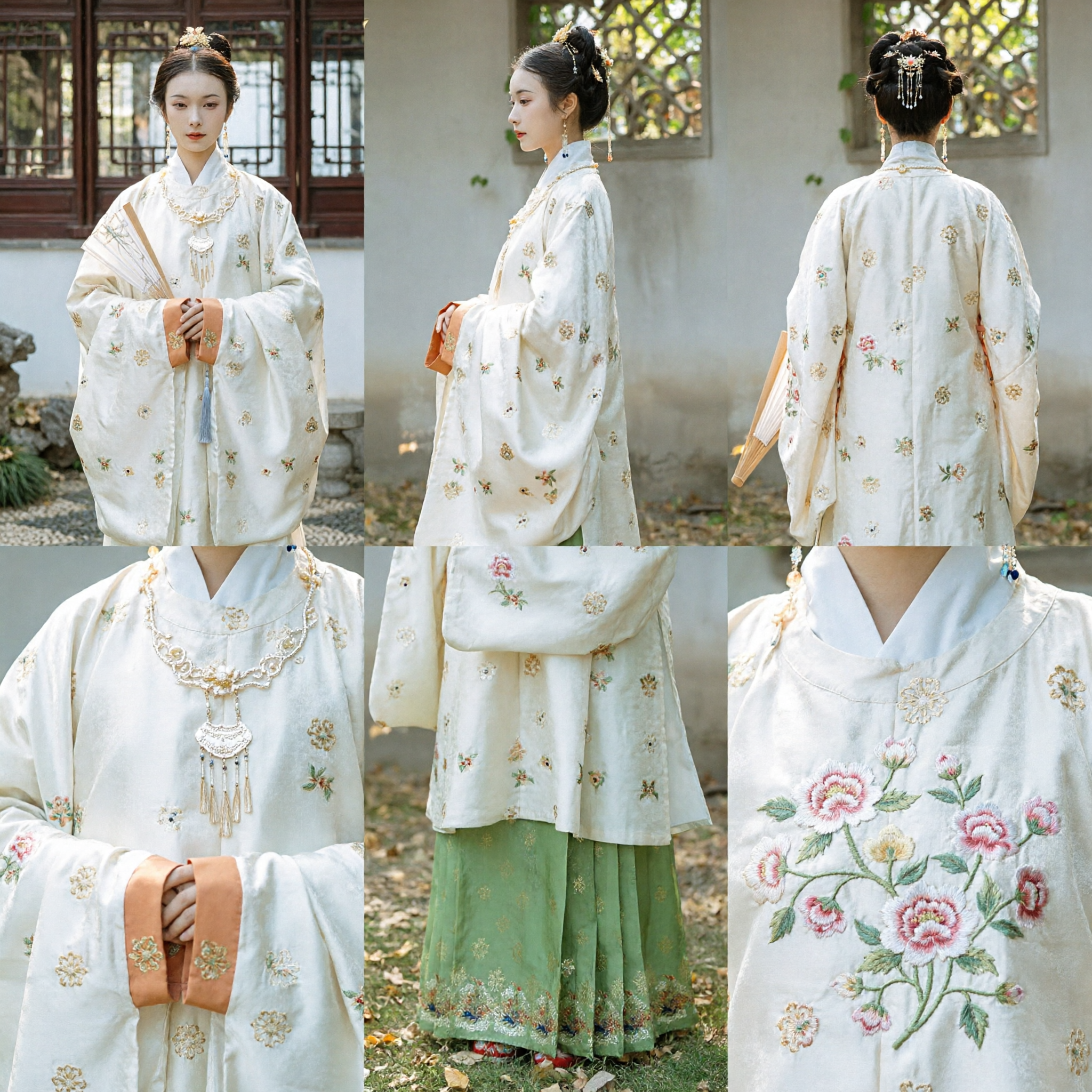 Costume Hanfu Tradizionale Cinese della Dinastia Ming per Donne Set con Giacca a Collo Alto Verde Chiaro Ricamata e Gonna Pieghettata - Asian Costume
