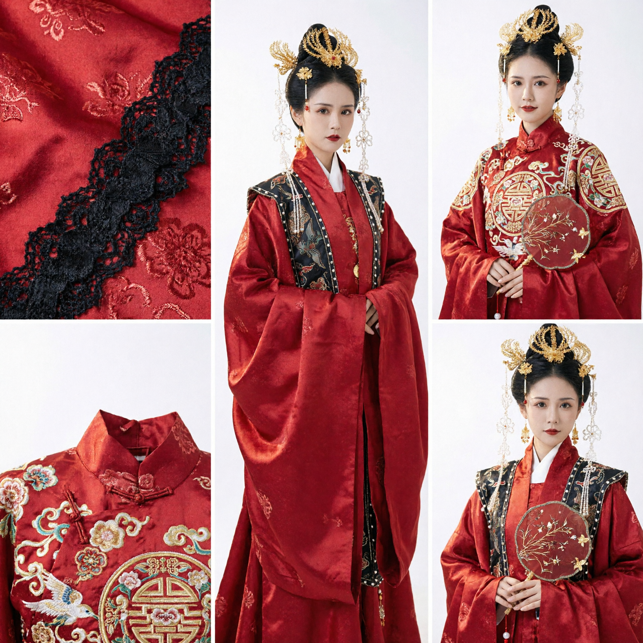 Robe de mariage Hanfu rouge traditionnelle chinoise - Costume ancien de mariée avec coiffe et éventail - Asian Costume