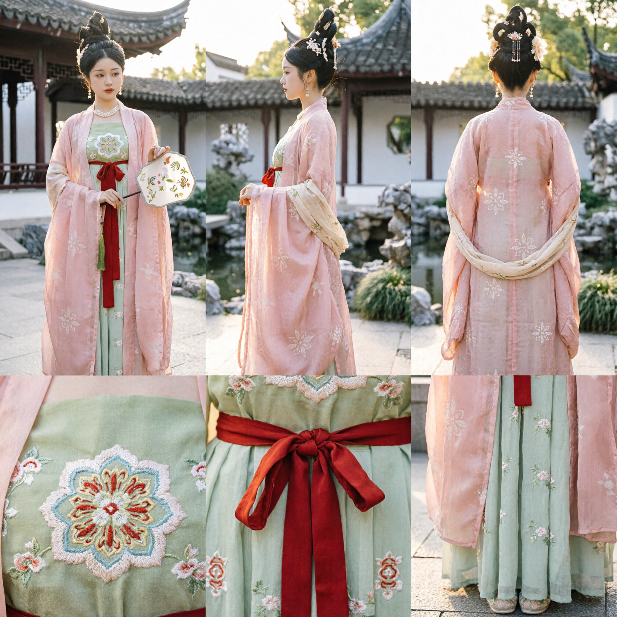 Tradycyjny chiński strój Hanfu z dynastii Tang, Strój damy dworu, Różowy przezroczysty płaszcz i haftowana suknia w zestawie dla kobiet - Asian Costume