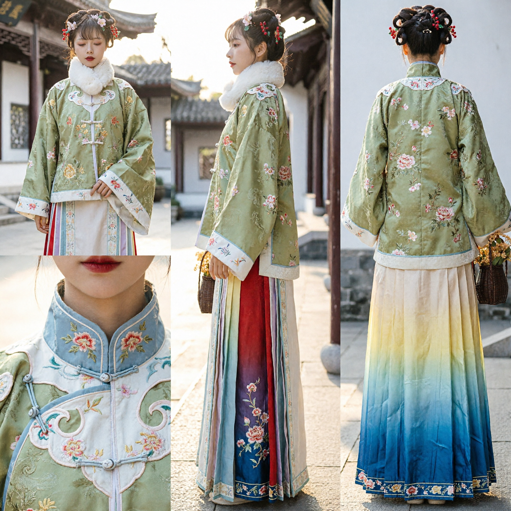 Ensemble traditionnel chinois Hanfu de style dynastie Ming, veste brodée à col en fourrure et jupe d'hiver pour femmes - Asian Costume