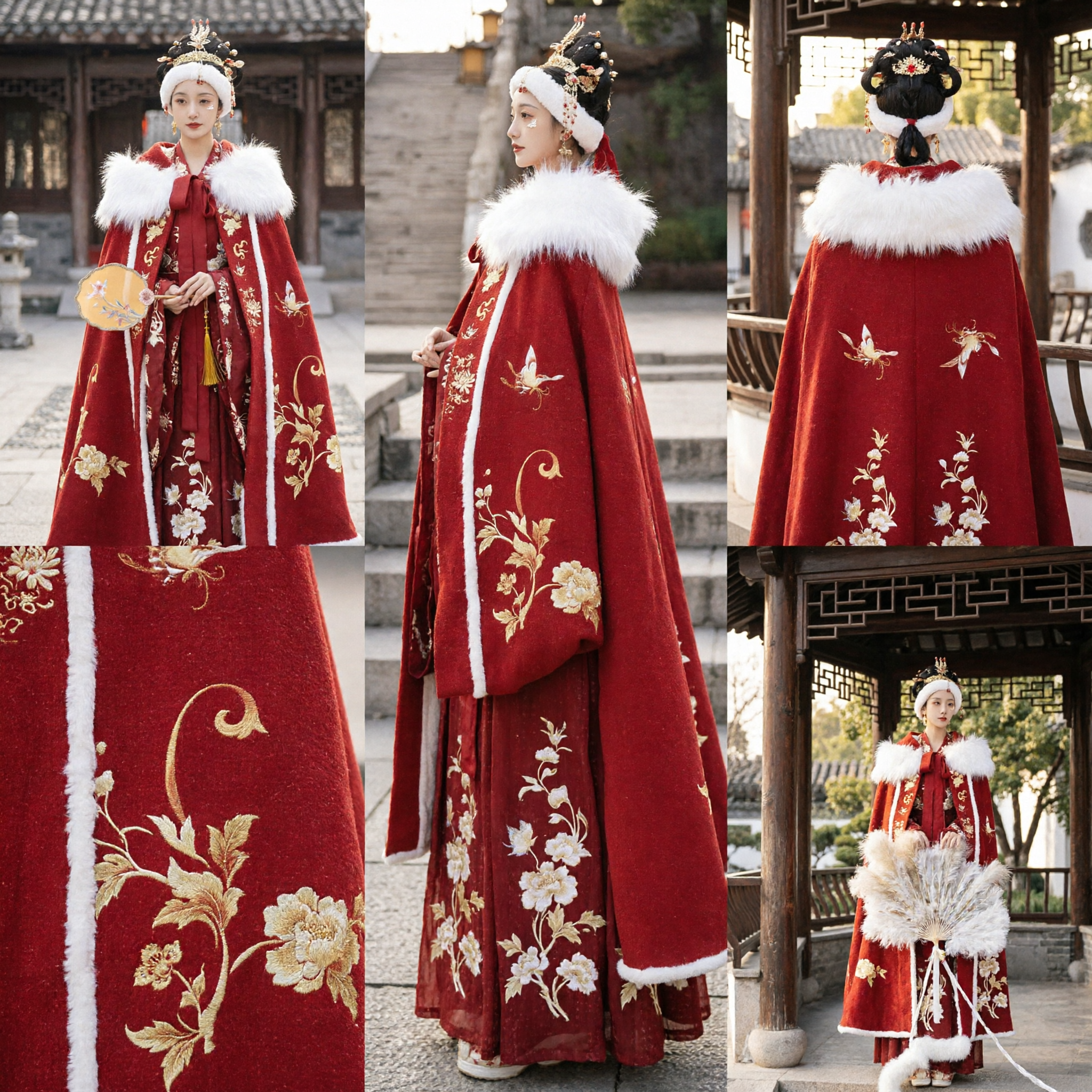 Women's Traditional Chinese Hanfu Winter Cloak Red Fur Trim Gold Embroidery Ancient Costume for Spring Festival - Asian Costume