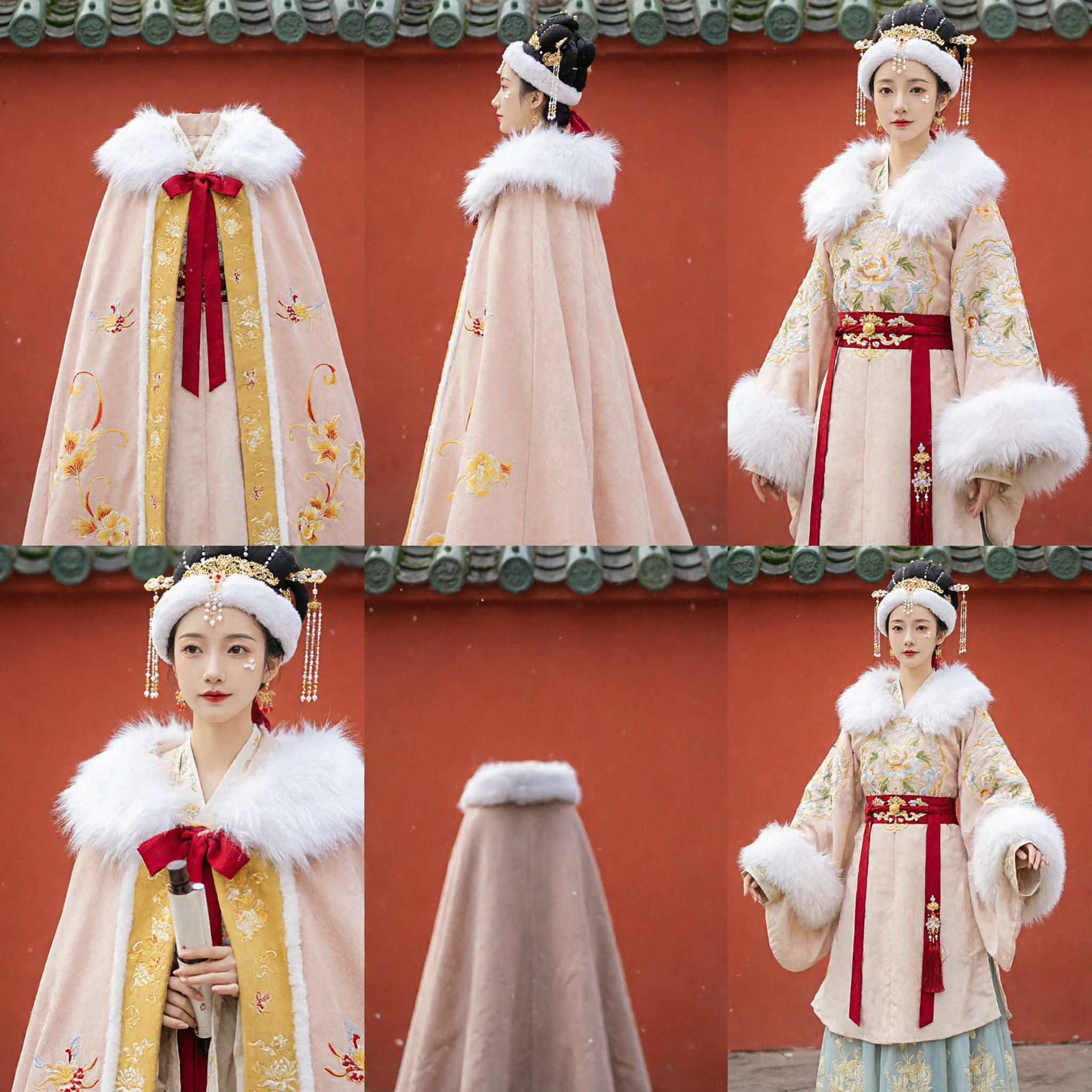 Antico Hanfu cinese, costume tradizionale per donne, mantello invernale con colletto in pelliccia e abito ricamato per fotografia - Asian Costume