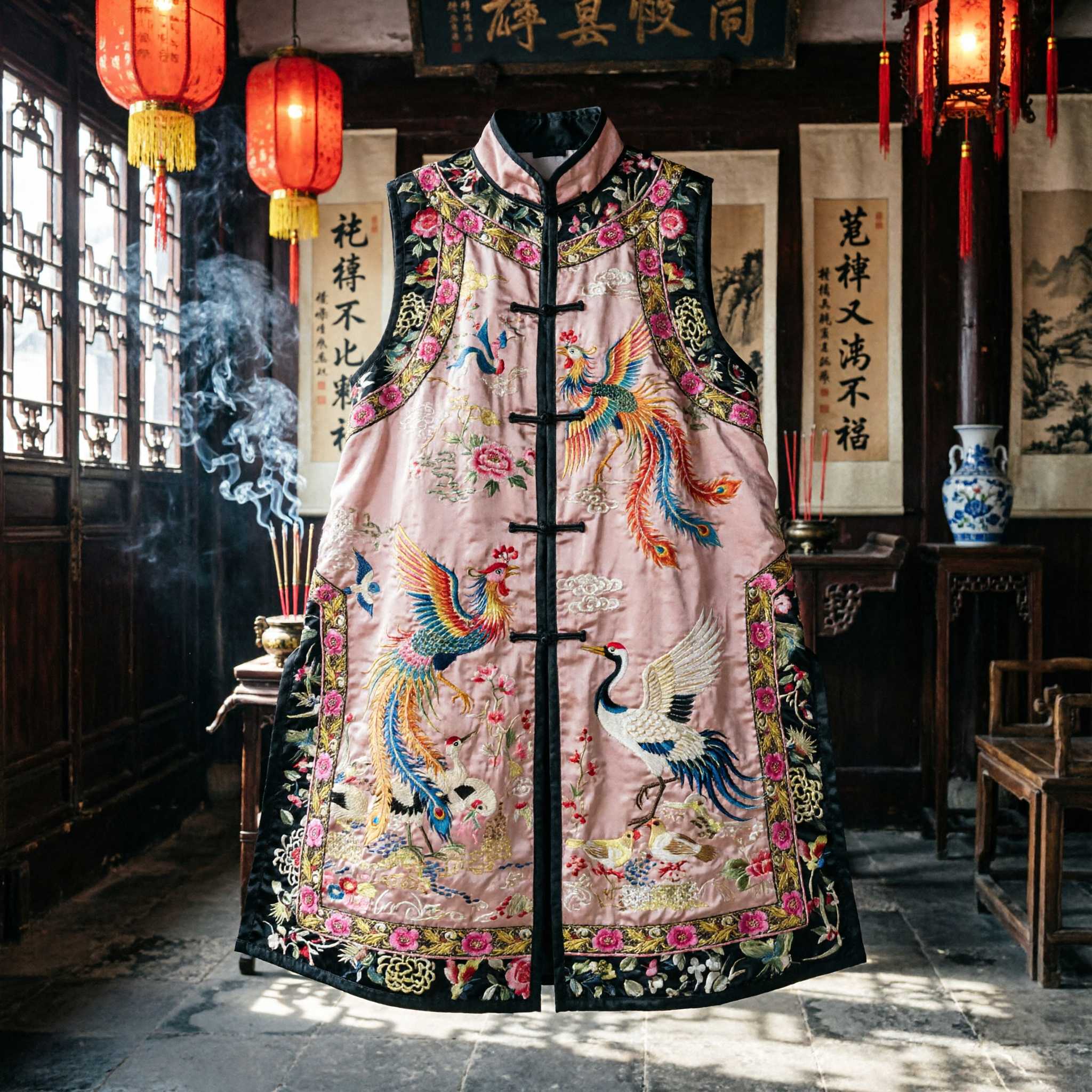 Gilet rosa tradizionale cinese ricamato con pavone per donne, gilet Hanfu in stile Dinastia Qing per spettacoli sul palco - Asian Costume