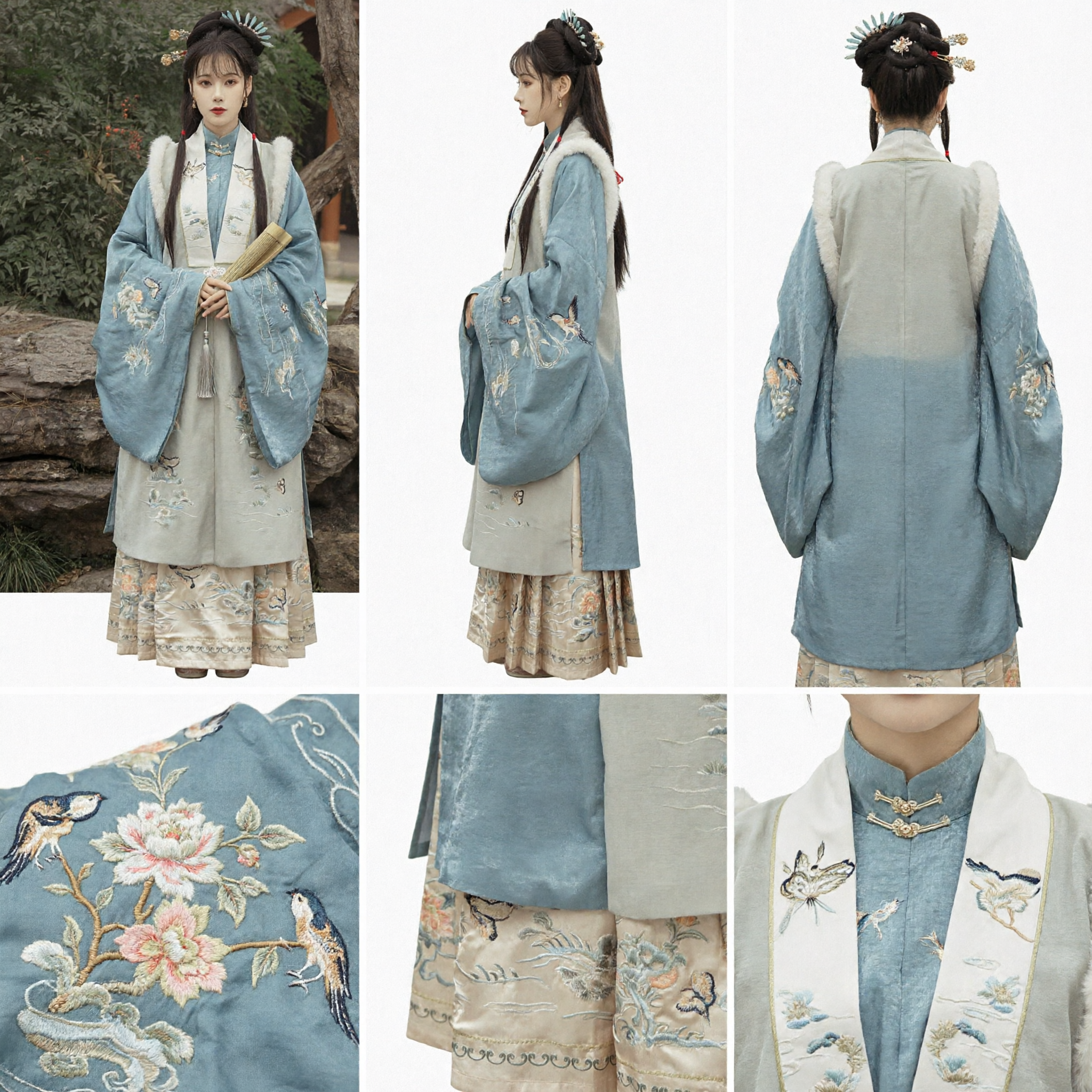 Ensemble traditionnel chinois Hanfu élégant dynastie Ming d'hiver, veste brodée à col en fourrure bleue et jupe pour femmes - Asian Costume