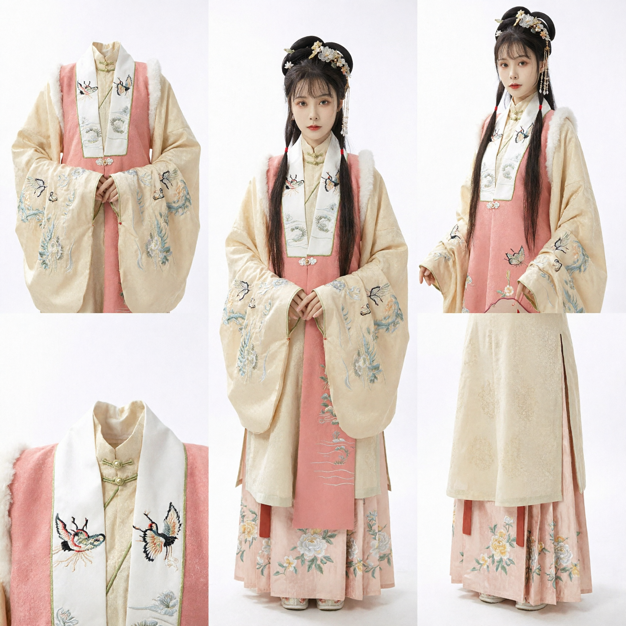 Traditionele Chinese Hanfu Ming-dynastie Geborduurde Pifeng Jas Roze Rokset Antiek Kostuum voor Vrouwen - Asian Costume