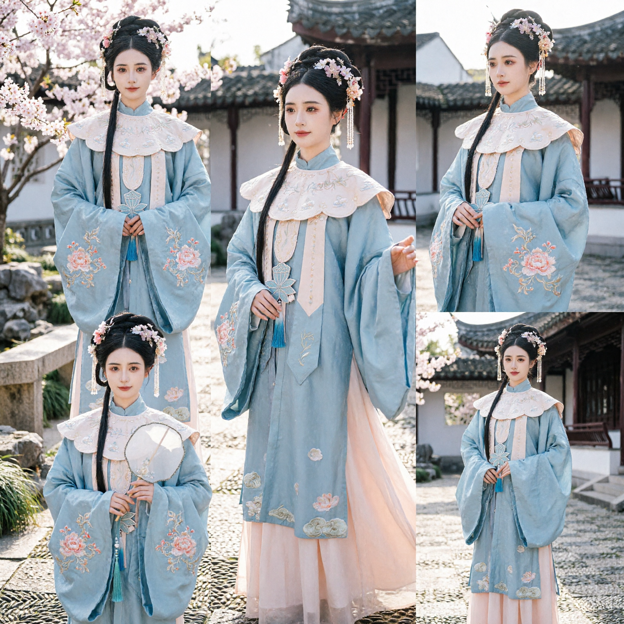 Costume traditionnel chinois Hanfu dynastie Ming, veste brodée bleu clair et jupe rose pour photographie féminine - Asian Costume