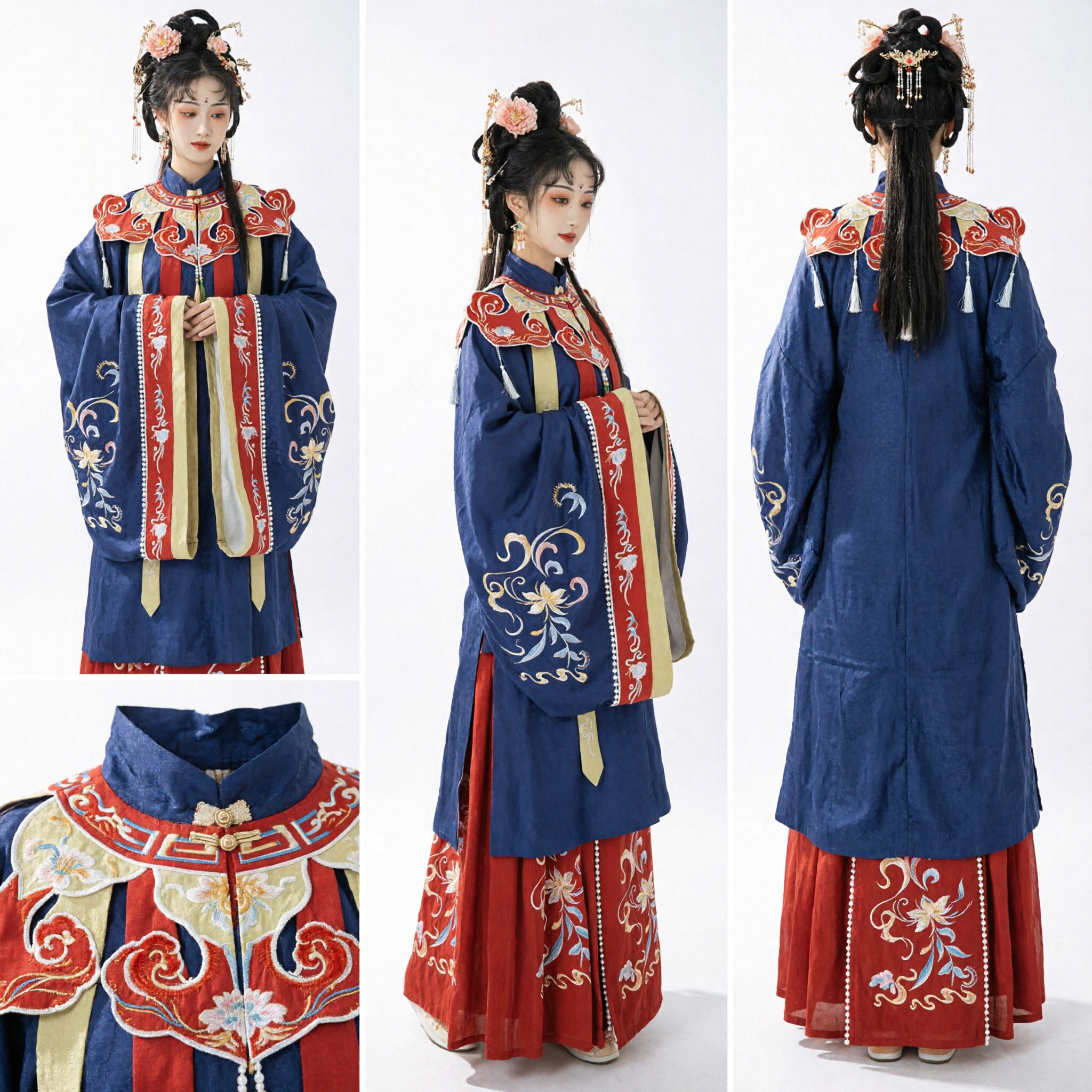 Hanfu tradizionale cinese stile dinastia Ming abito blu e gonna rossa ricamato antico costume da principessa per donne - Asian Costume