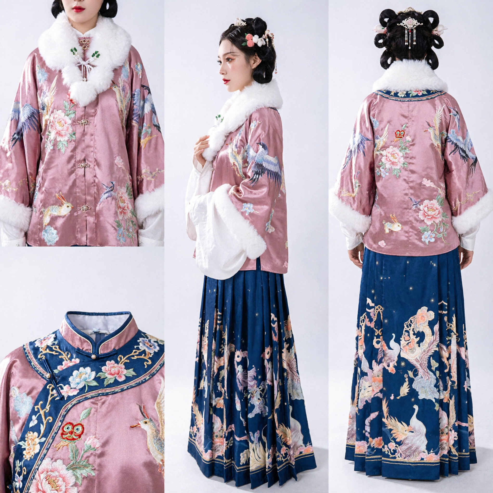 Set invernale Hanfu tradizionale cinese giacca rosa con collo di pelliccia e gonna blu ricamata con gru per donne - Asian Costume