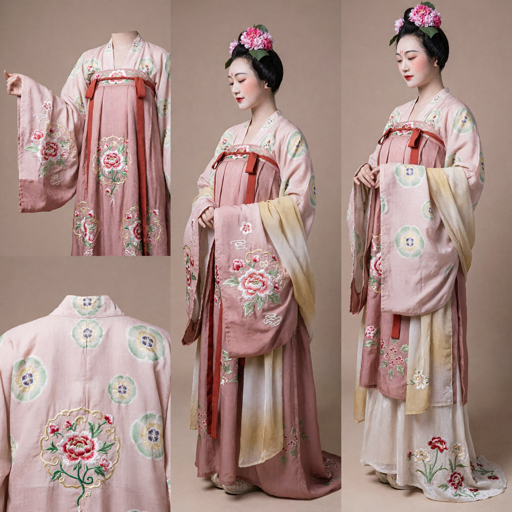 Traditioneel Chinees Tang-dynastie Hanfu-kostuum Roze Bloemen Geborduurde Oude Prinsessenjurk voor Vrouwen - Asian Costume