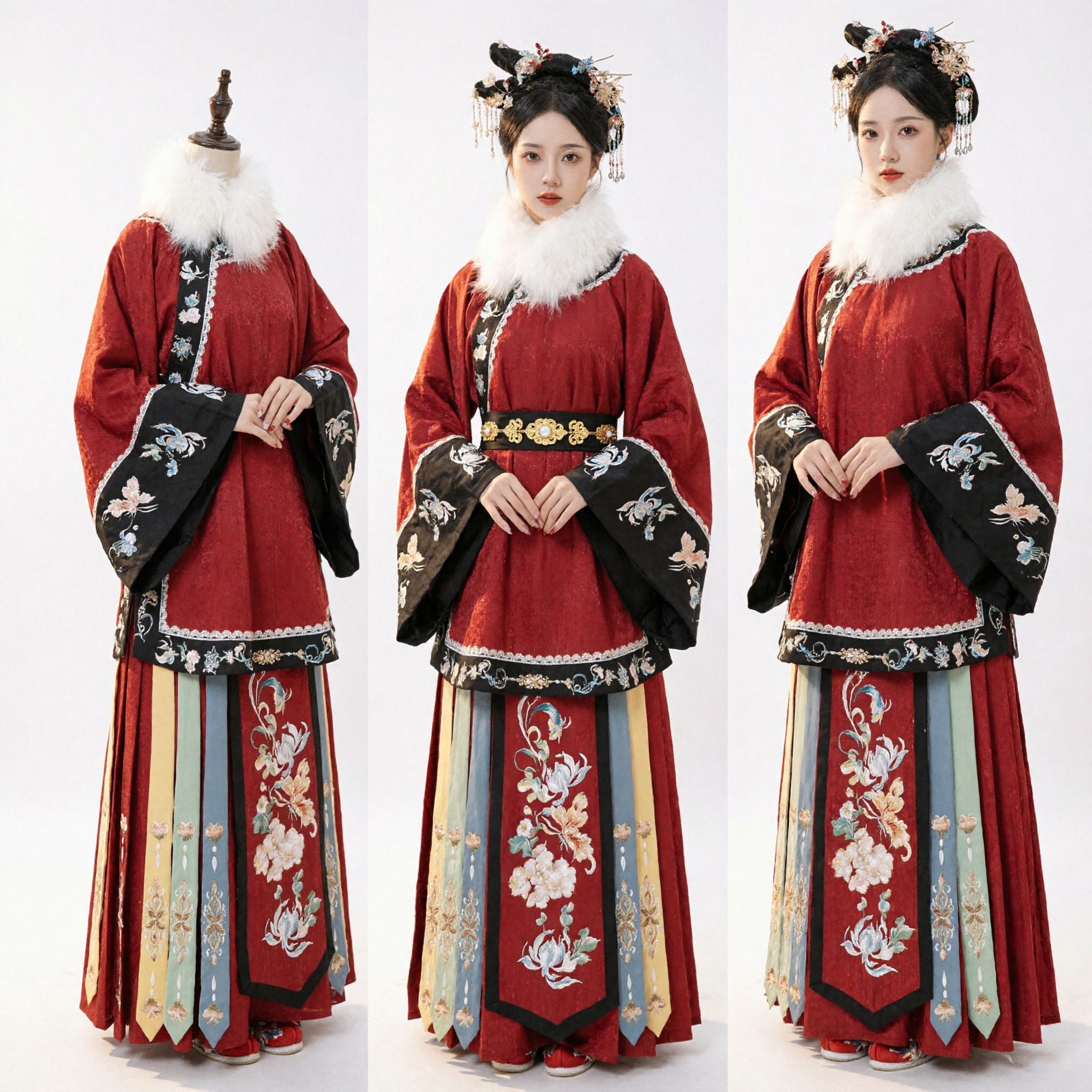 Hanfu traditionnel chinois de la dynastie Ming Ensemble veste d'hiver brodée rouge et jupe Mamianqun (jupe à face de cheval) pour femmes - Asian Costume
