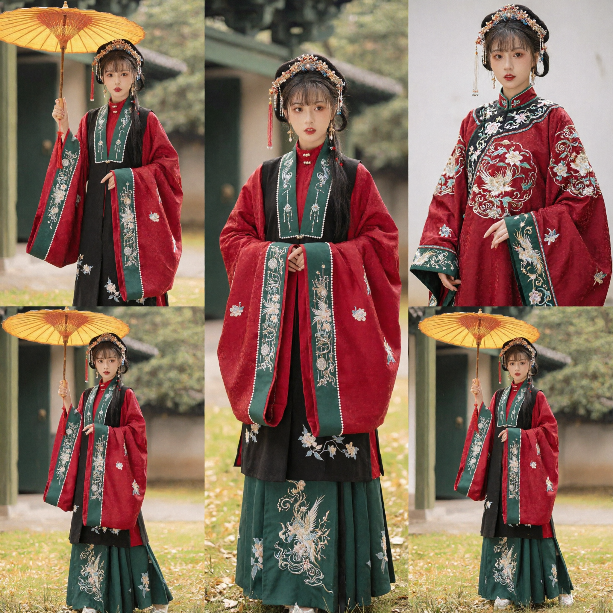 Traditional Chinese Ming Dynasty Hanfu Red Embroidered Beizi Coat and Green Skirt Ancient Costume for Women - Asian Costume