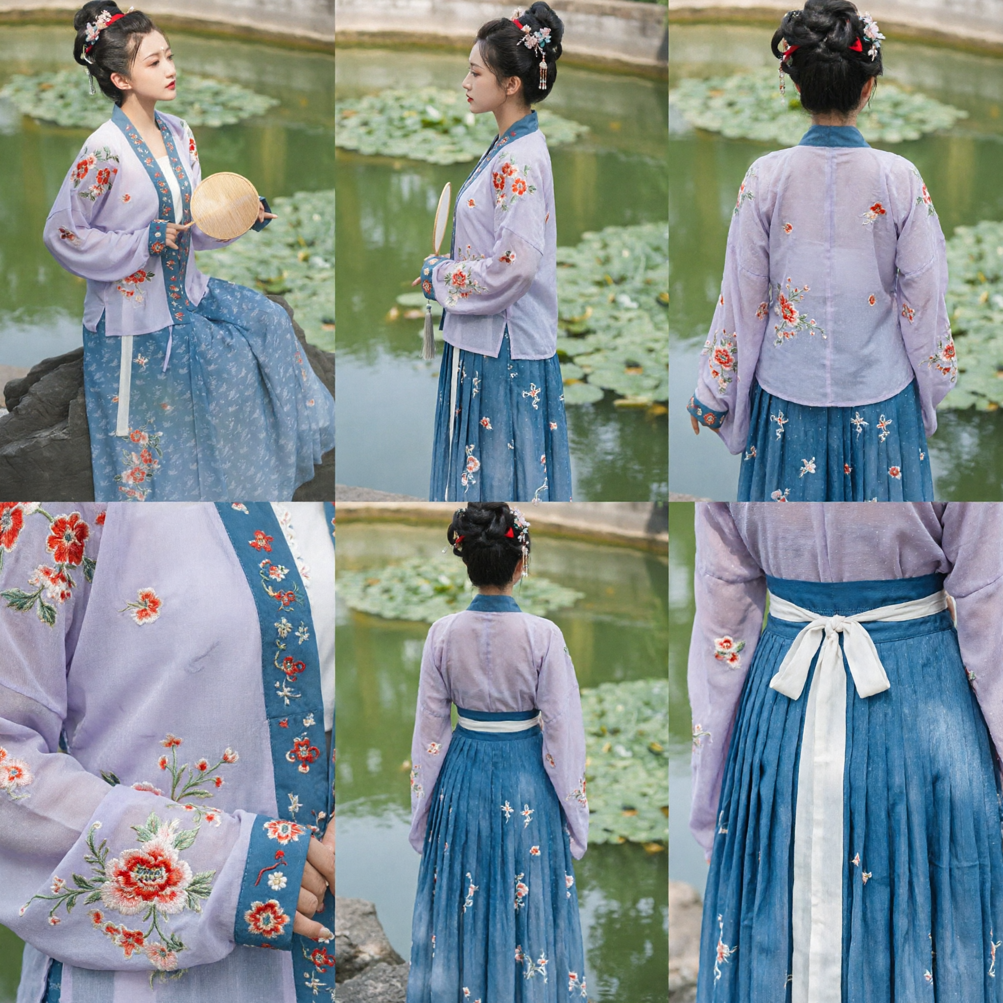 Costume ancien traditionnel chinois Hanfu pour femmes - Ensemble veste brodée violette et jupe bleue pour photographie - Asian Costume