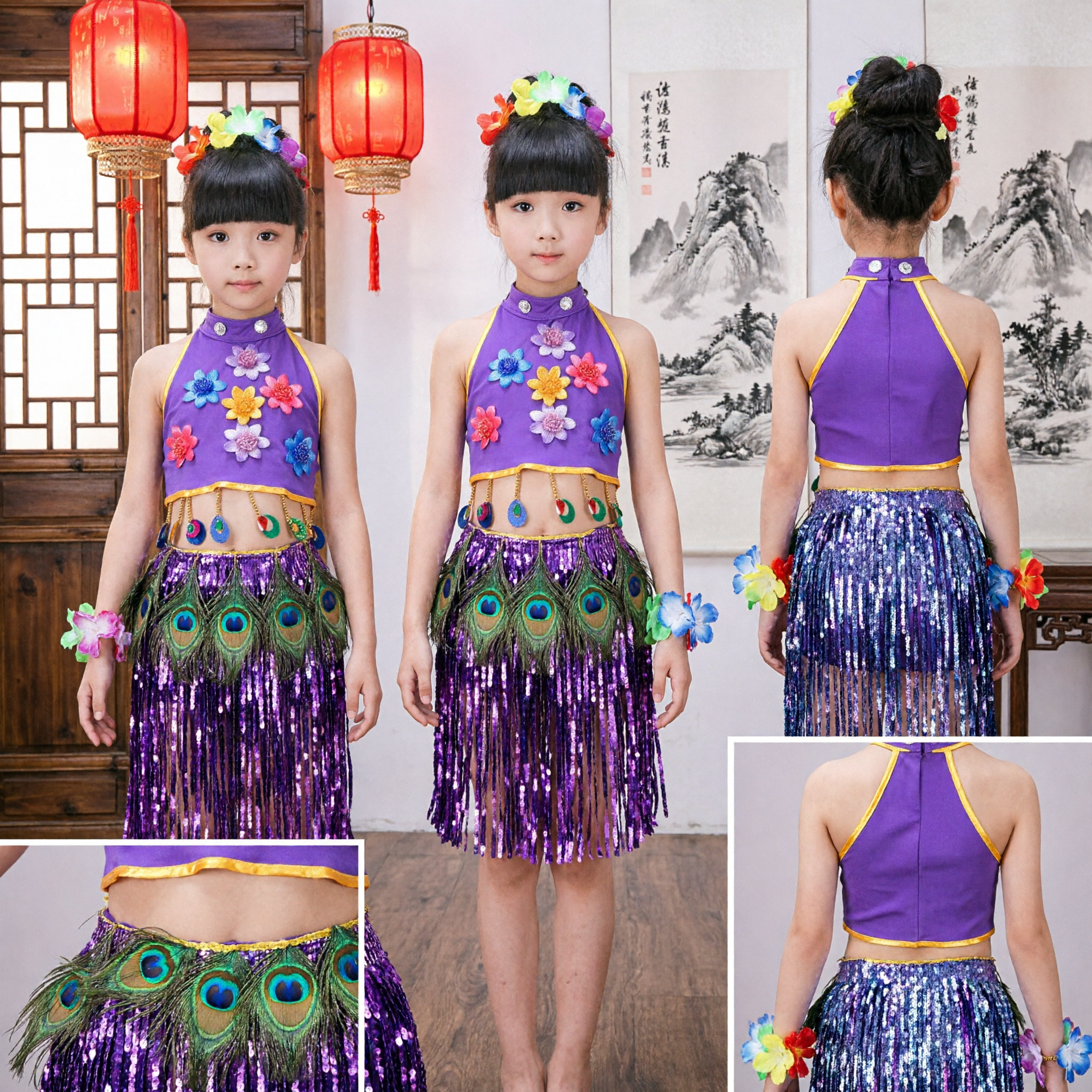 Costume da Danza Hula Viola per Bambine Ragazze Set Gonna d'Erba Hawaiana Abito da Esibizione Tropicale sul Palco con Accessori Floreali - Asian Costume