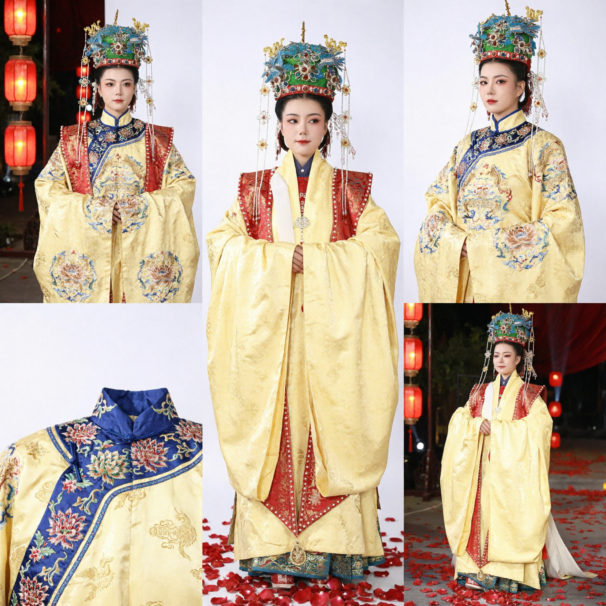 Vestido de Casamento Hanfu Chinês Tradicional, Robe Pifeng Amarelo da Dinastia Ming com Coroa de Fênix para Noiva - Asian Costume