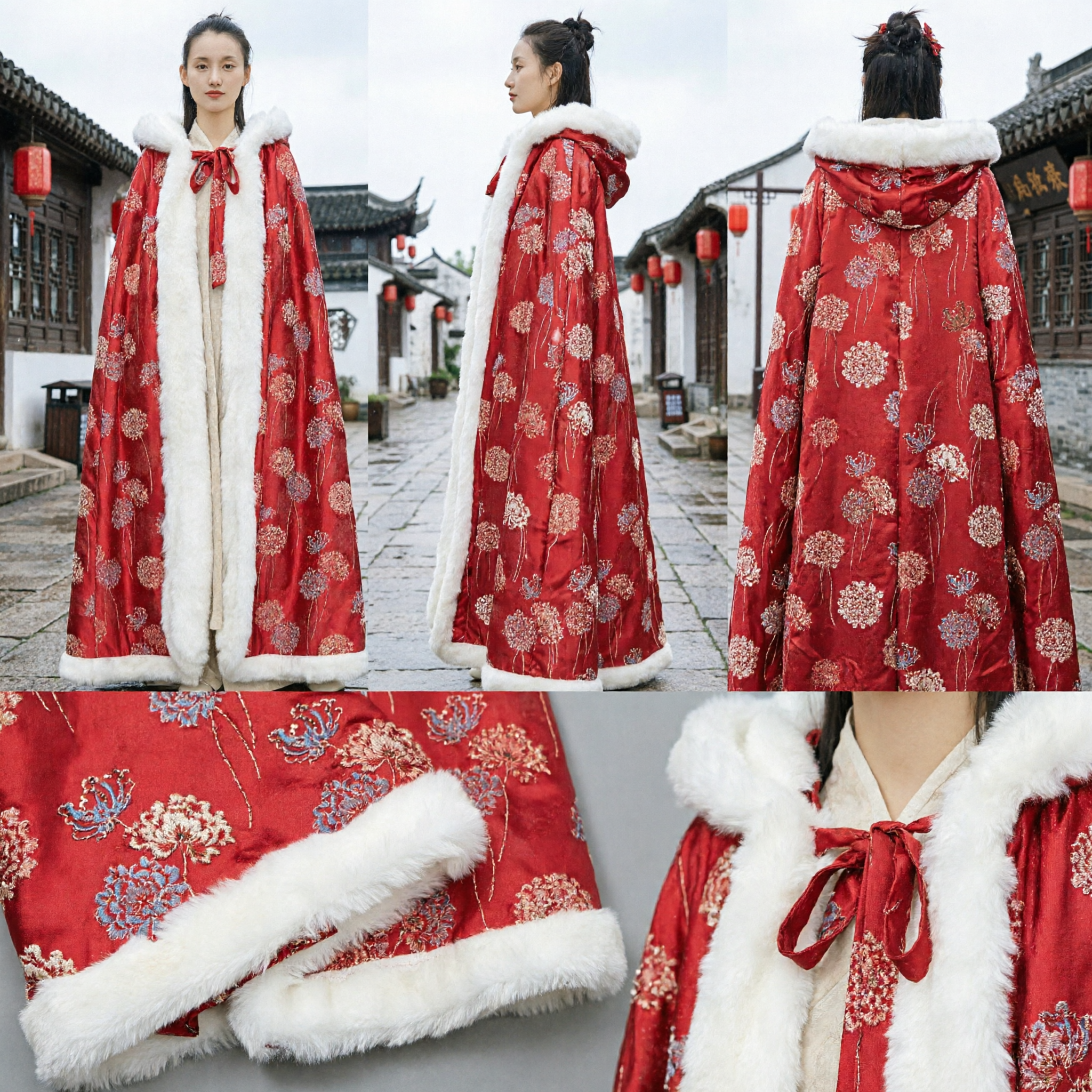 Capa Hanfu Chinês Tradicional Vermelha, Capa de Inverno Forrada de Pele, Traje Antigo de Brocado para Mulheres - Asian Costume