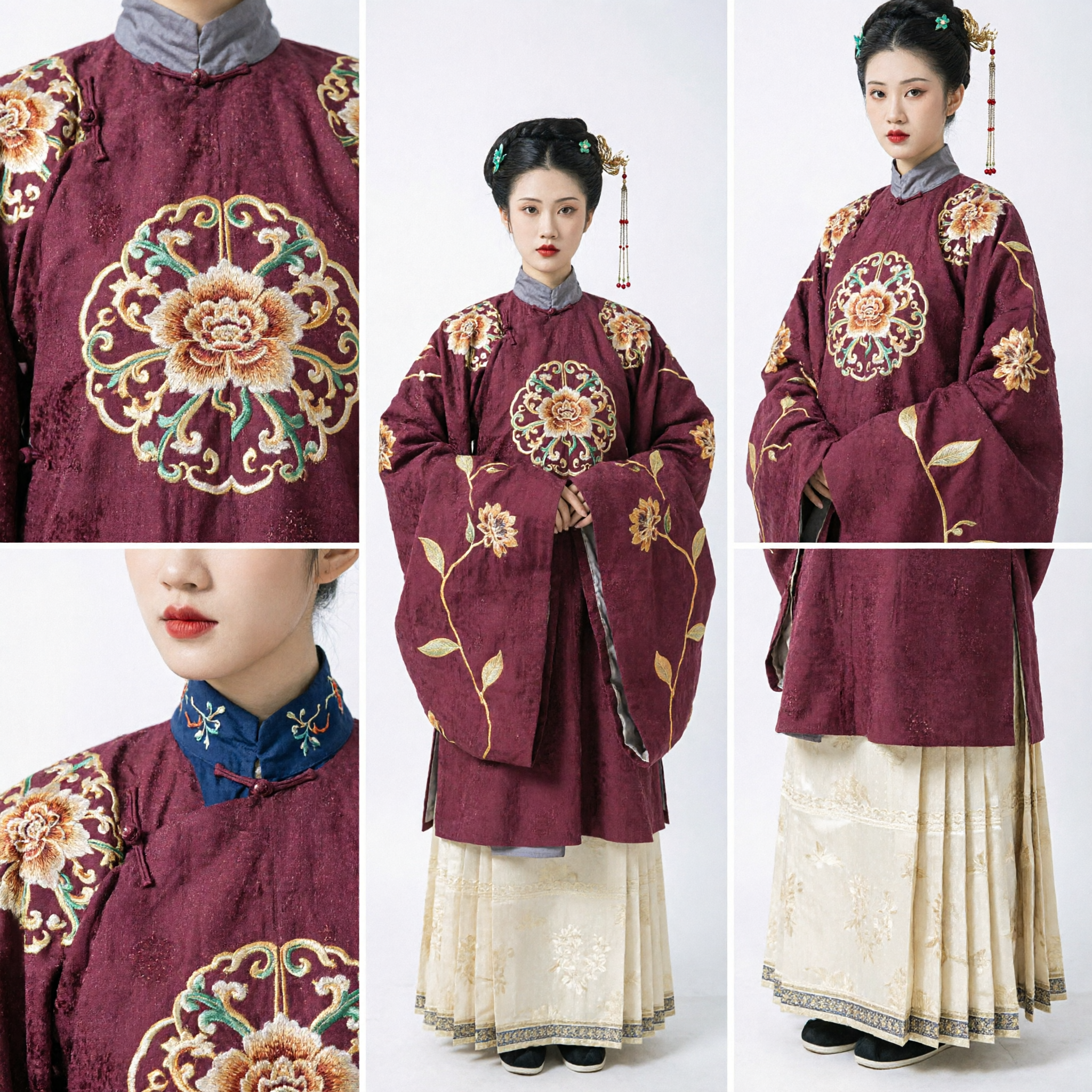 Traditioneel Chinees Ming Dynastie Hanfu Kostuum voor Vrouwen Bordeauxrood Bloem Geborduurd Oude Jas Gewaad - Asian Costume