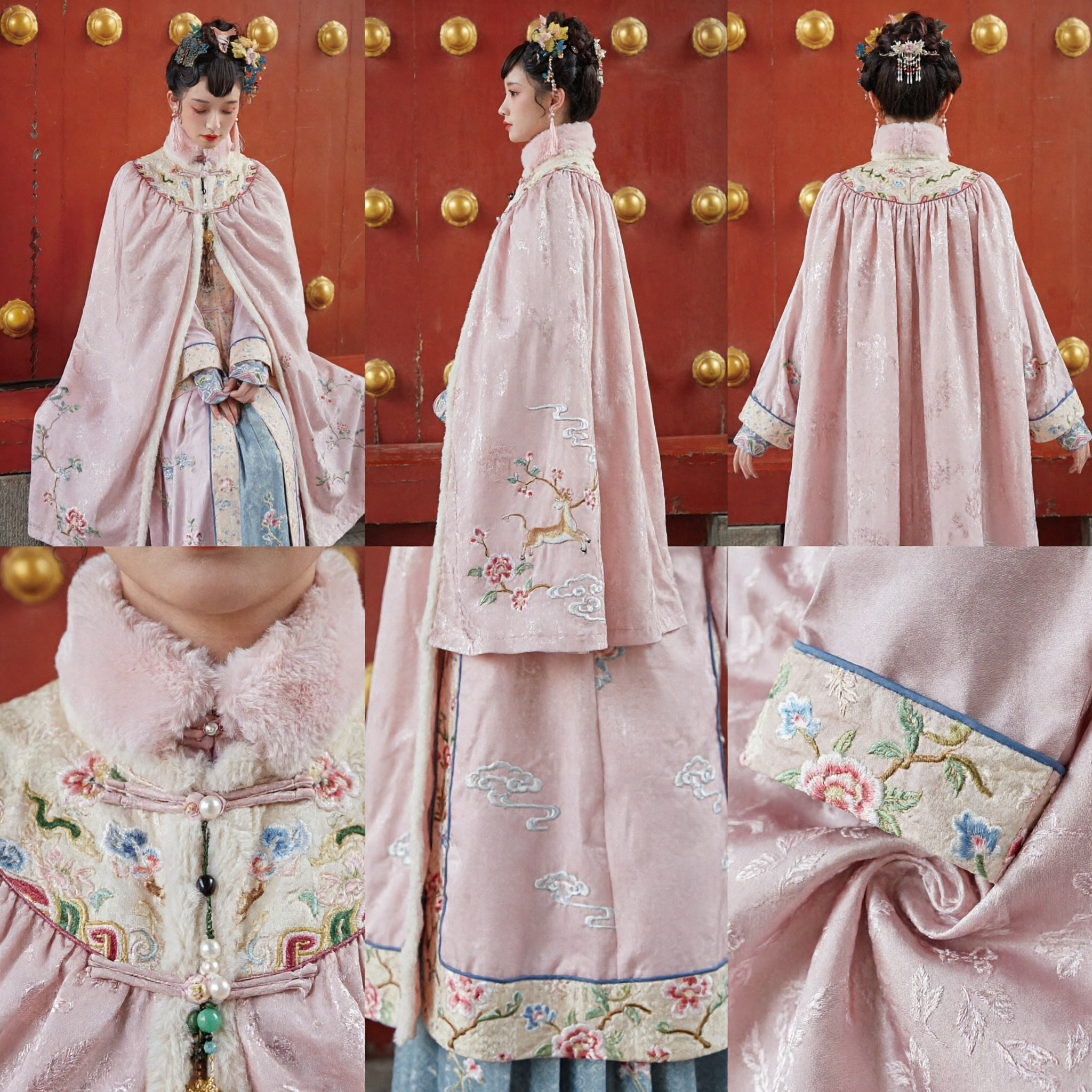 Traditioneller chinesischer Hanfu, rosa Winterumhang-Cape mit Pelzbesatz und Stickerei, Ming-Dynastie-Stil-Kostüm für Frauen - Asian Costume