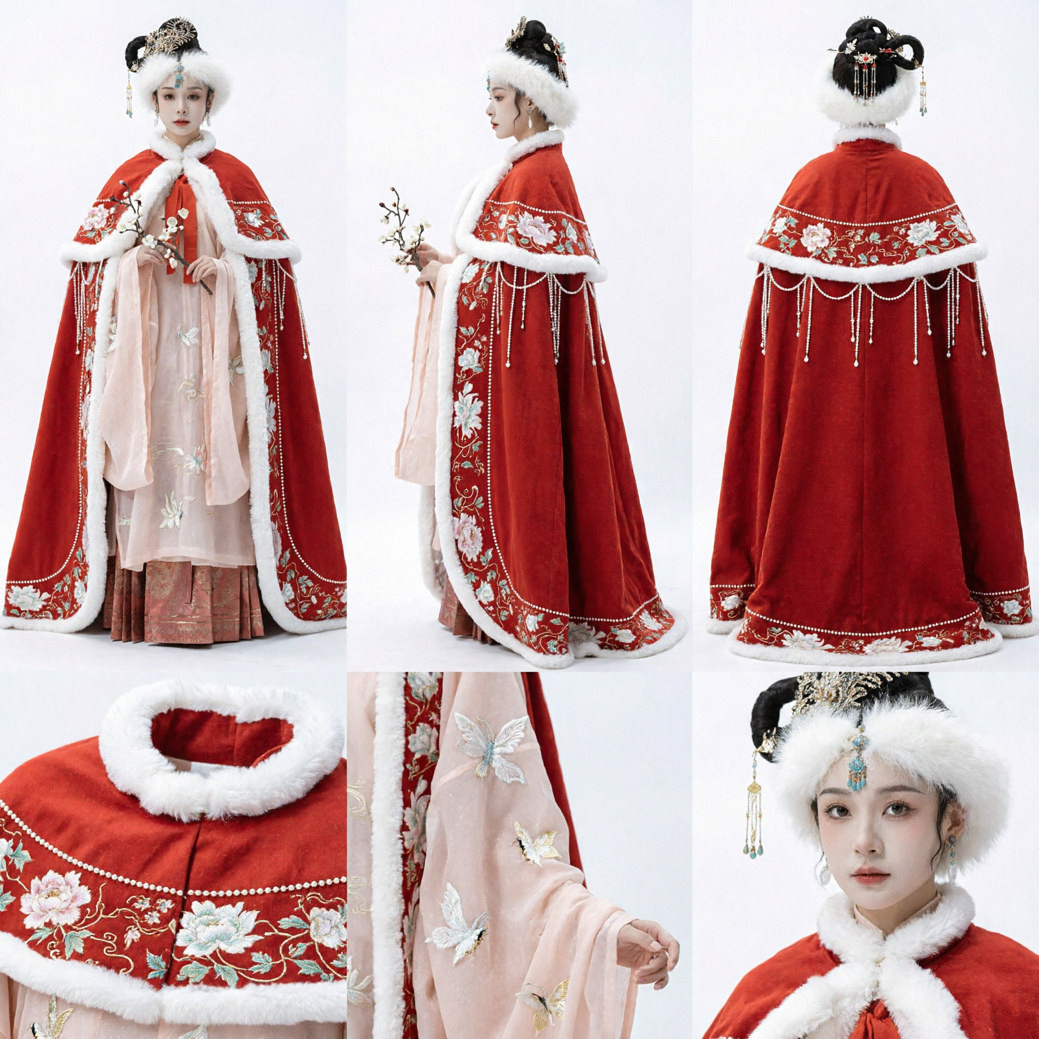Mantello Invernale Tradizionale Cinese Hanfu Rosso con Bordo Pelliccia Bianca e Ricamo Antico Costume Dama di Palazzo per Donne - Asian Costume