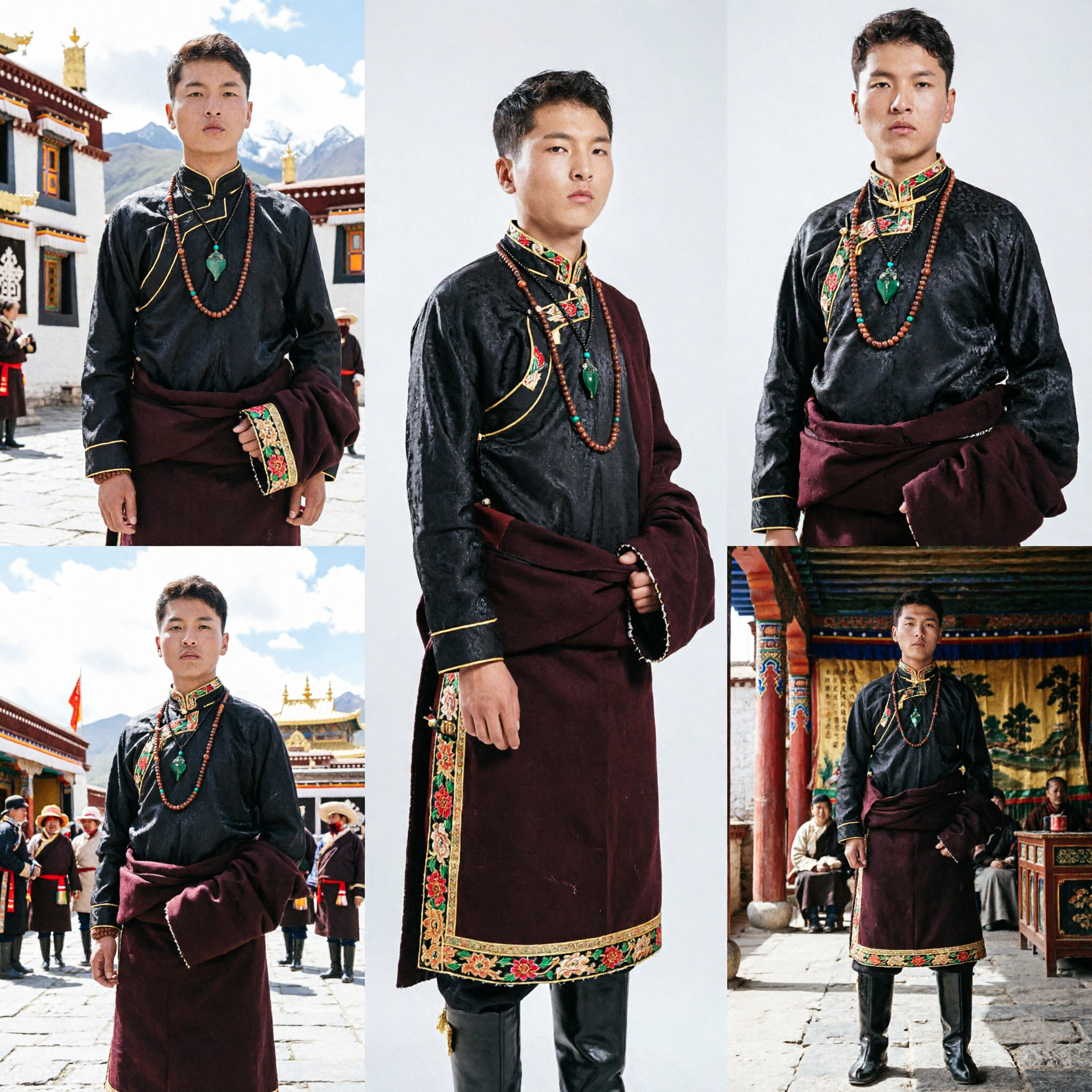 Traditionele Tibetaanse Mannen Zwarte Brokaat Chuba-gewaad met Goudafzetting Etnisch Kostuum voor Festivals - Asian Costume