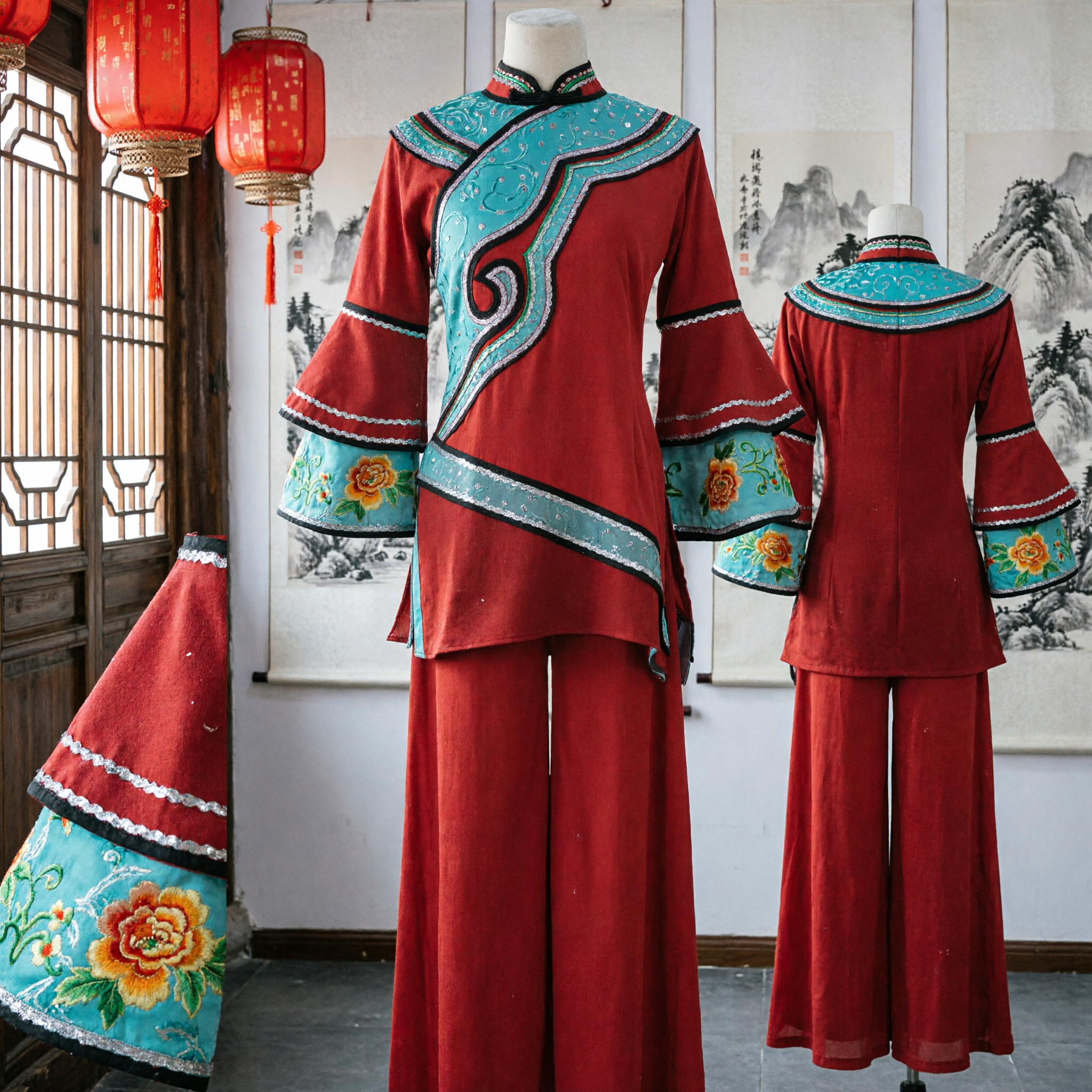 Costume Tradizionale Cinese Danza Yangge Rosso per Donne Outfit per Spettacolo Folk con Maniche a Campana Ricamate - Asian Costume