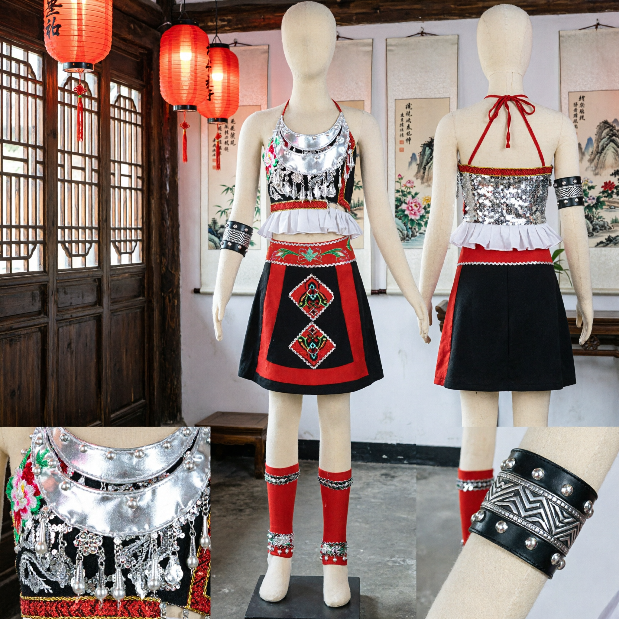 Tradycyjny Chiński Ludowy Kostium Tańca Grupy Etnicznej Miao, Kompletny Scenowy Stroj dla Kobiet - Asian Costume