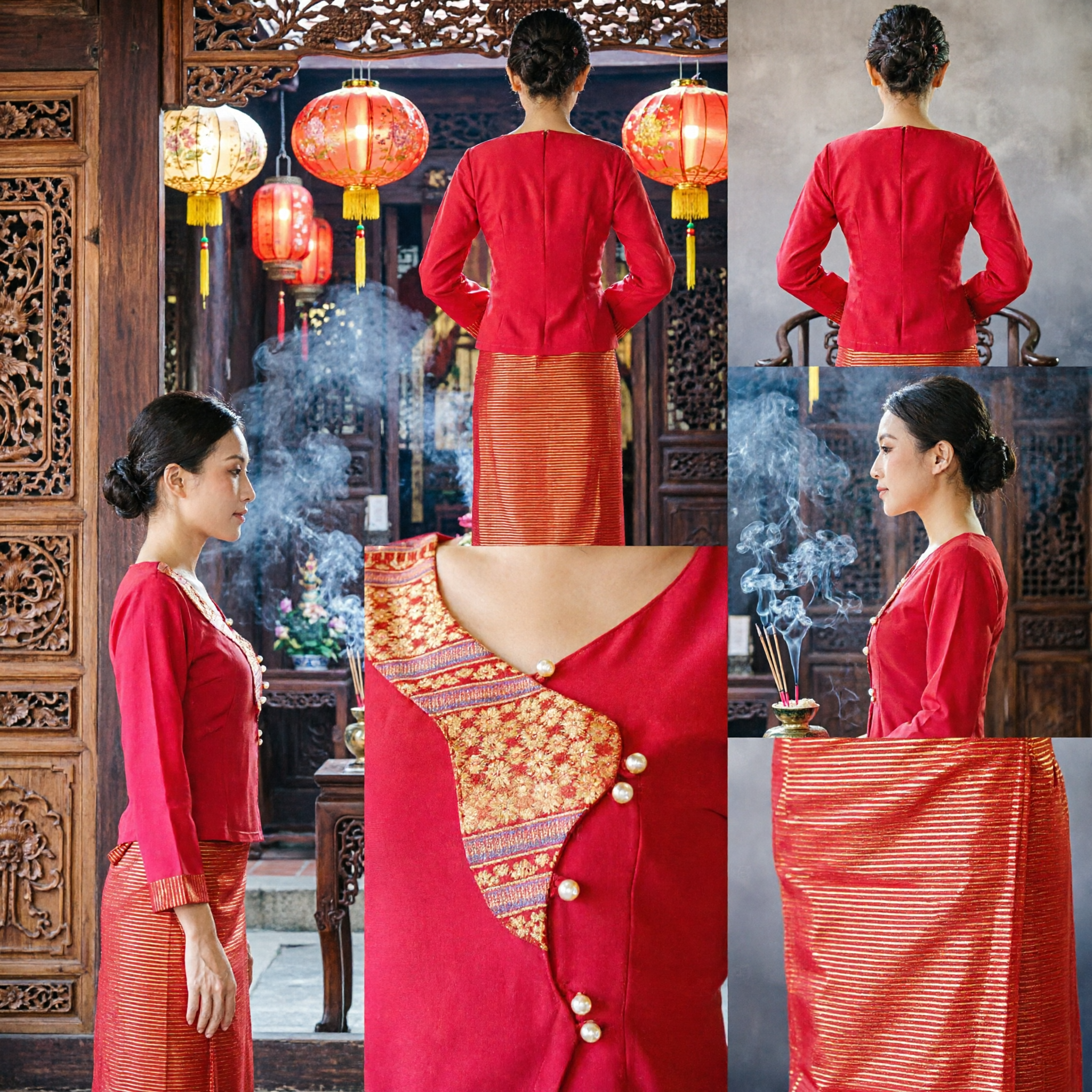 Set Tradizionale Thailandese per Donne Blusa in Seta Rossa e Gonna Sinh a Righe per Matrimoni e Festival Culturali - Asian Costume